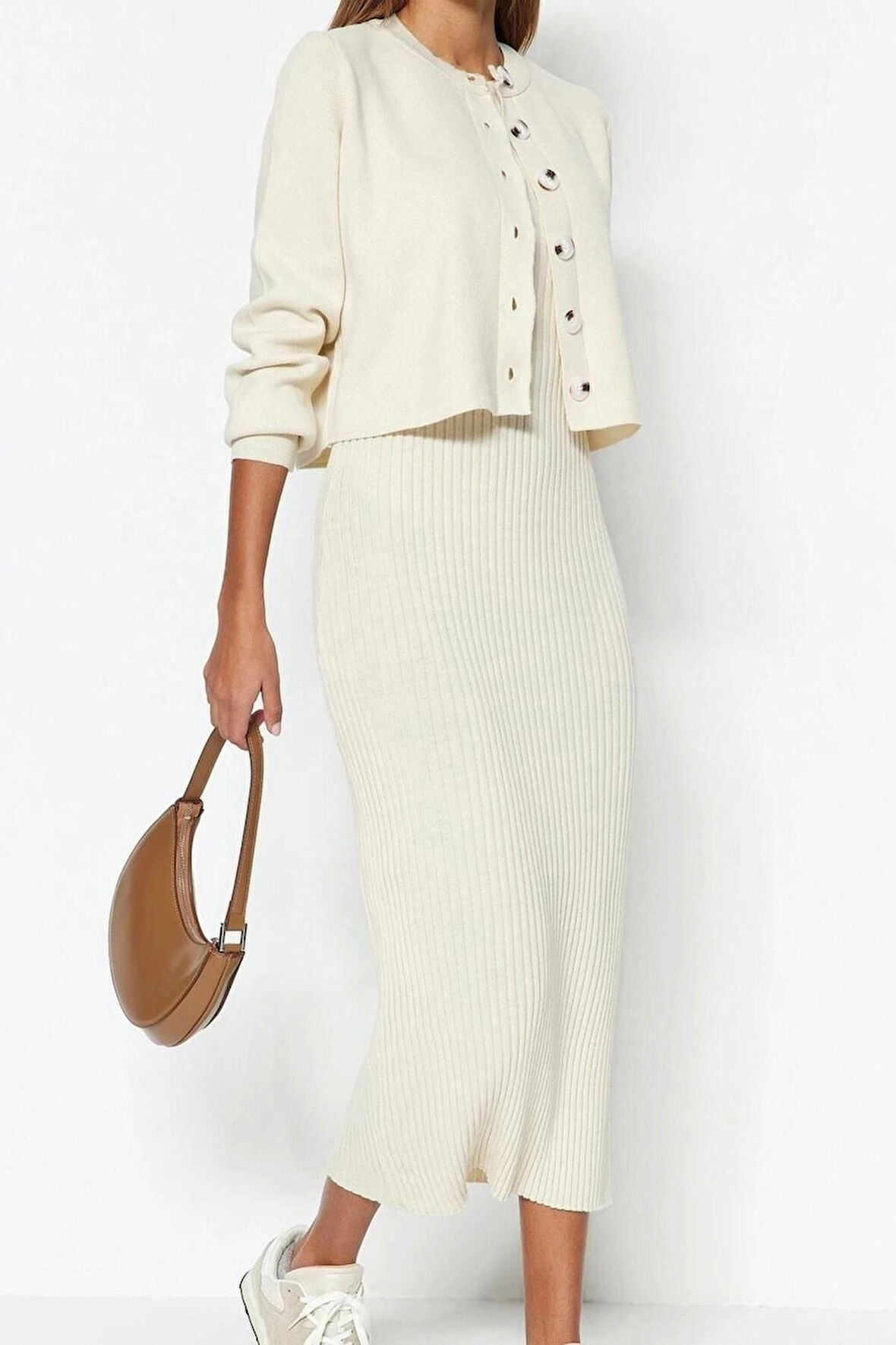 Moda Regular Casual Günlük Fitilli Triko Bisiklet Yaka Uzun Kol Bodycone Midi Boy Elbise