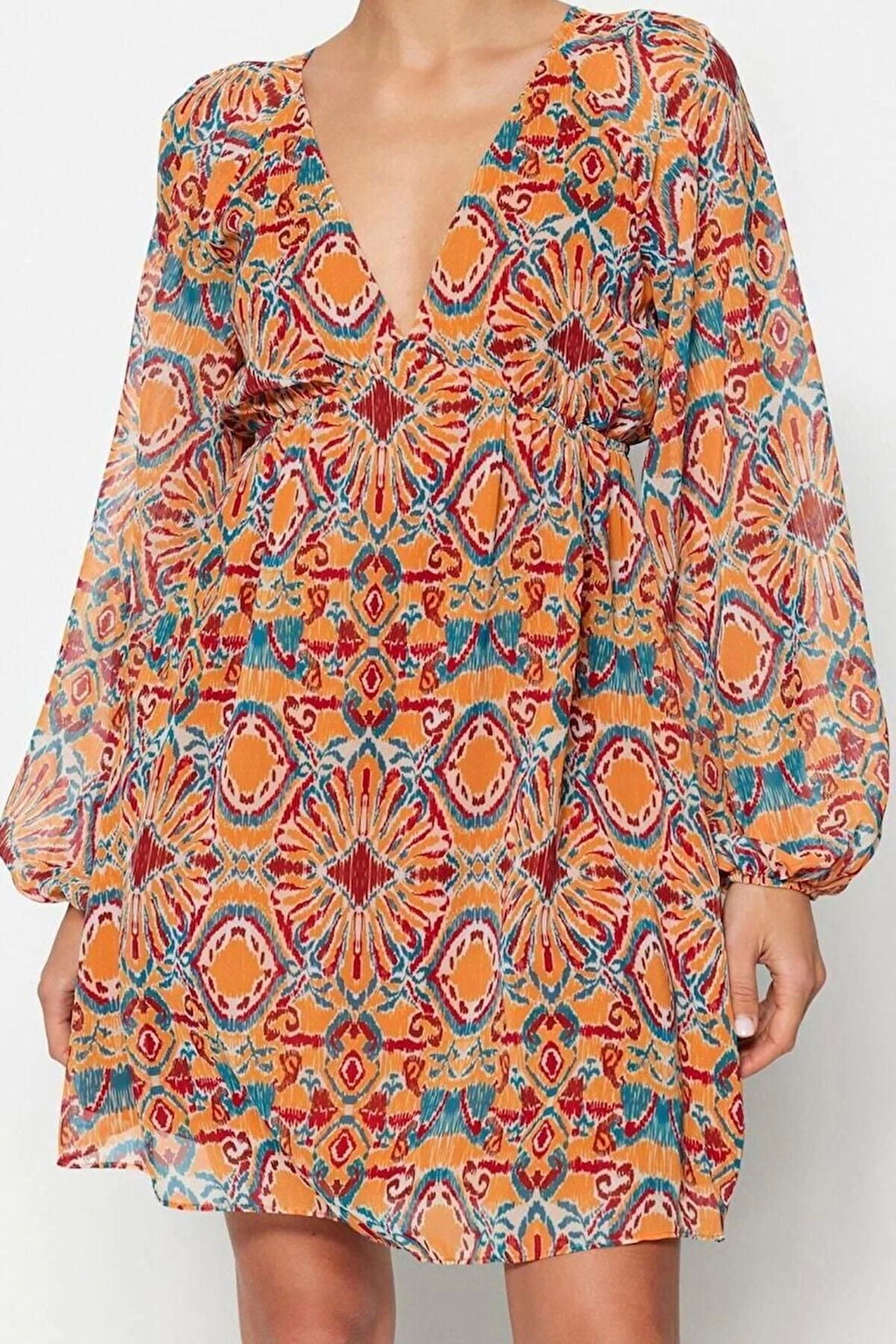 Moda Regular Gündüz Gece Şifon Dokuma V Yaka Uzun Kol A-Line Mini Boy Elbise