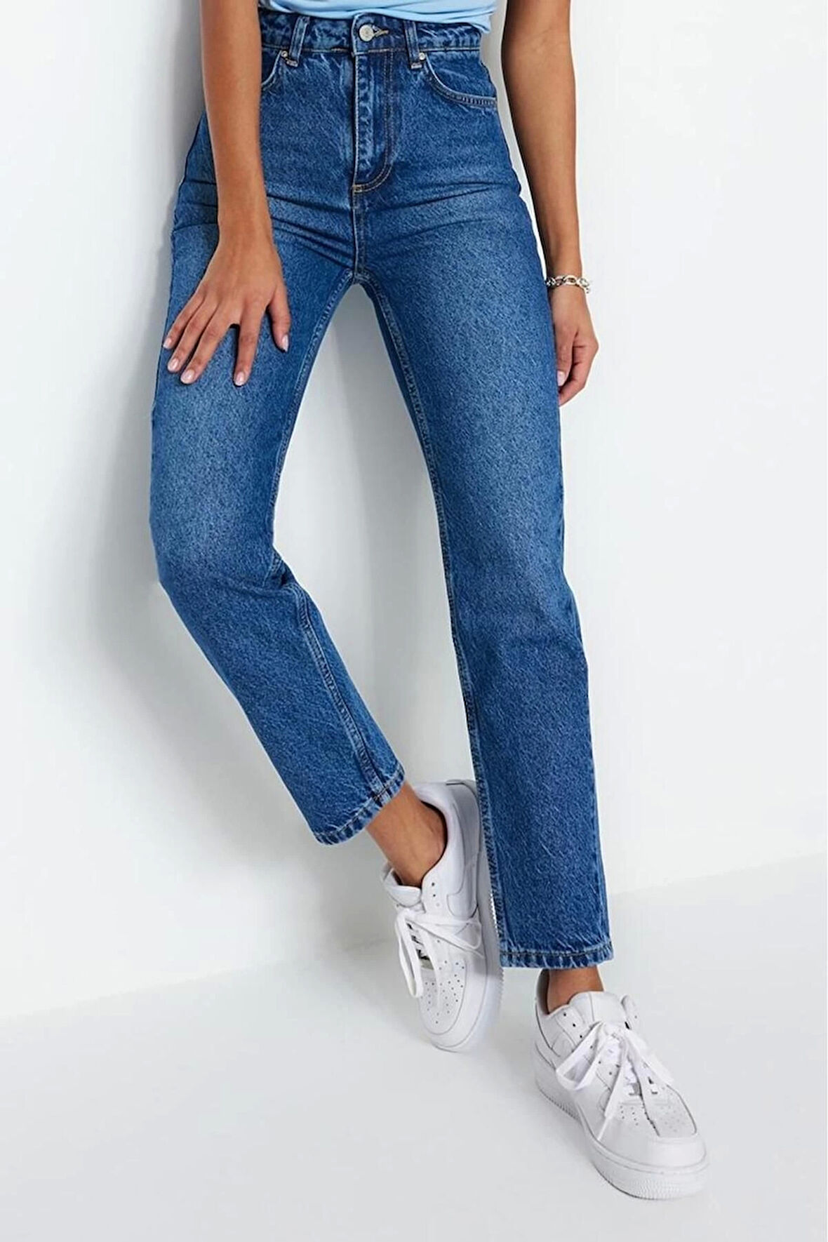 Stil Kadın Moda Denim Kot Pantolon Regular Geniş Paça Mavi Yüksek Bel Mom Jeans