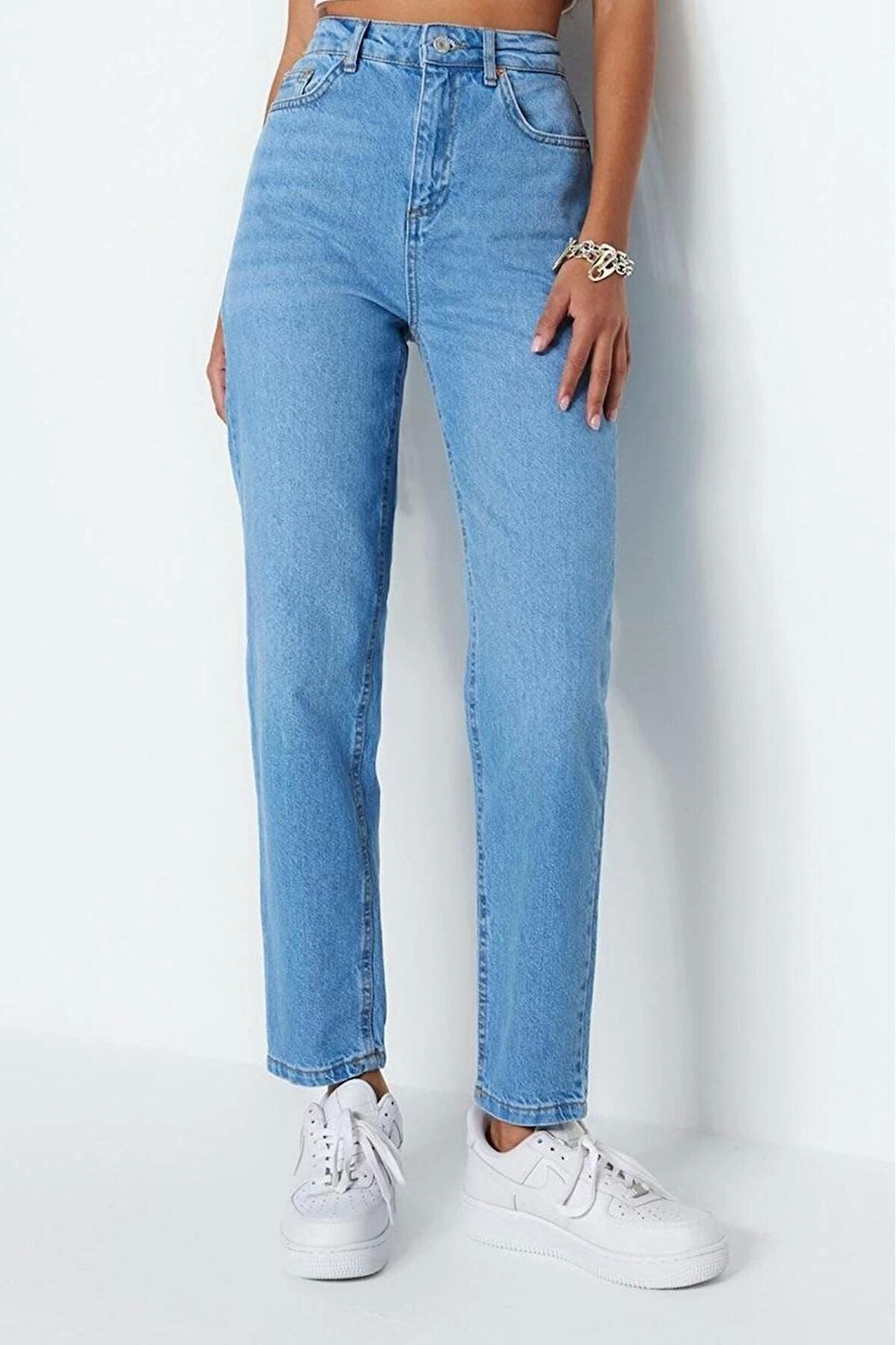 Stil Kadın Moda Denim Kot Pantolon Uzun Geniş Paça Yüksek Bel Mom Jeans