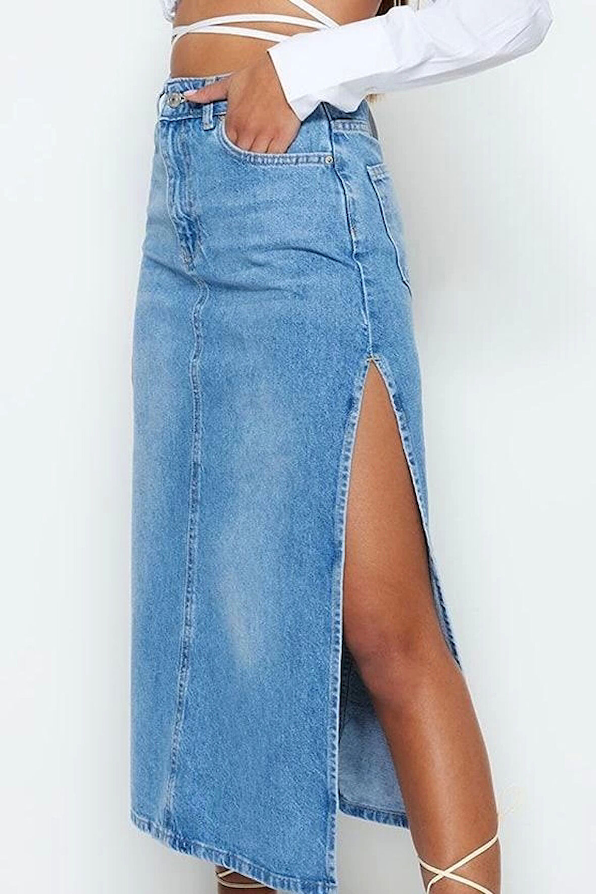 Modern Tarz Astarsız Denim Maxi Boy Yırtmaçlı Yüksek Bel Maxi Denim Etek