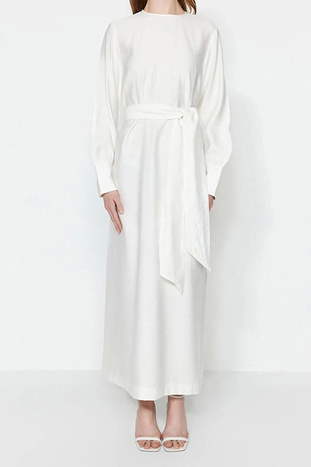 Moda Regular Günlük Keten Aerobin Dokuma Bisiklet Yaka Uzun Kol Shift Maxi Boy Tesettür Elbise