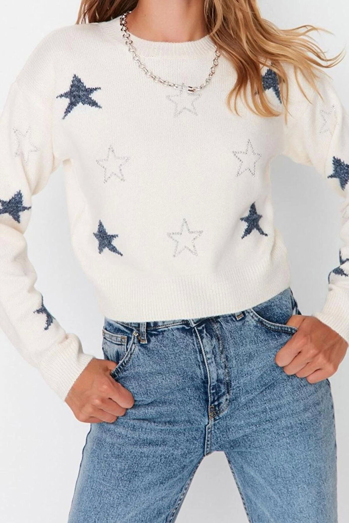 Kadın Modern Tarz Rahat Uzun Bisiklet Yaka Geometrik Kol Crop Triko Kazak