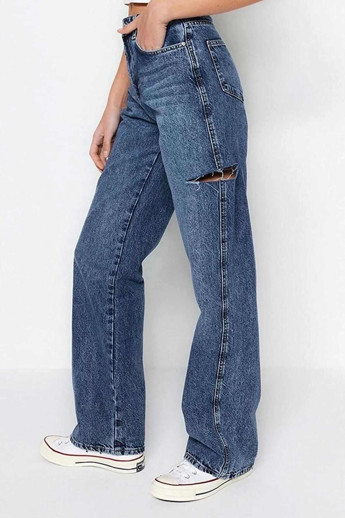 Stil Kadın Moda Denim Kot Pantolon Uzun Geniş Paça Yırtıklı Yüksek Bel Jeans