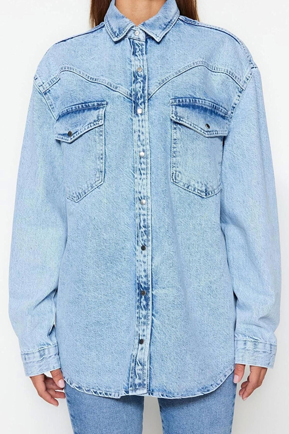 Moda Kadın Gömlek Yaka Düz Desen Günlük Denim Gömlek