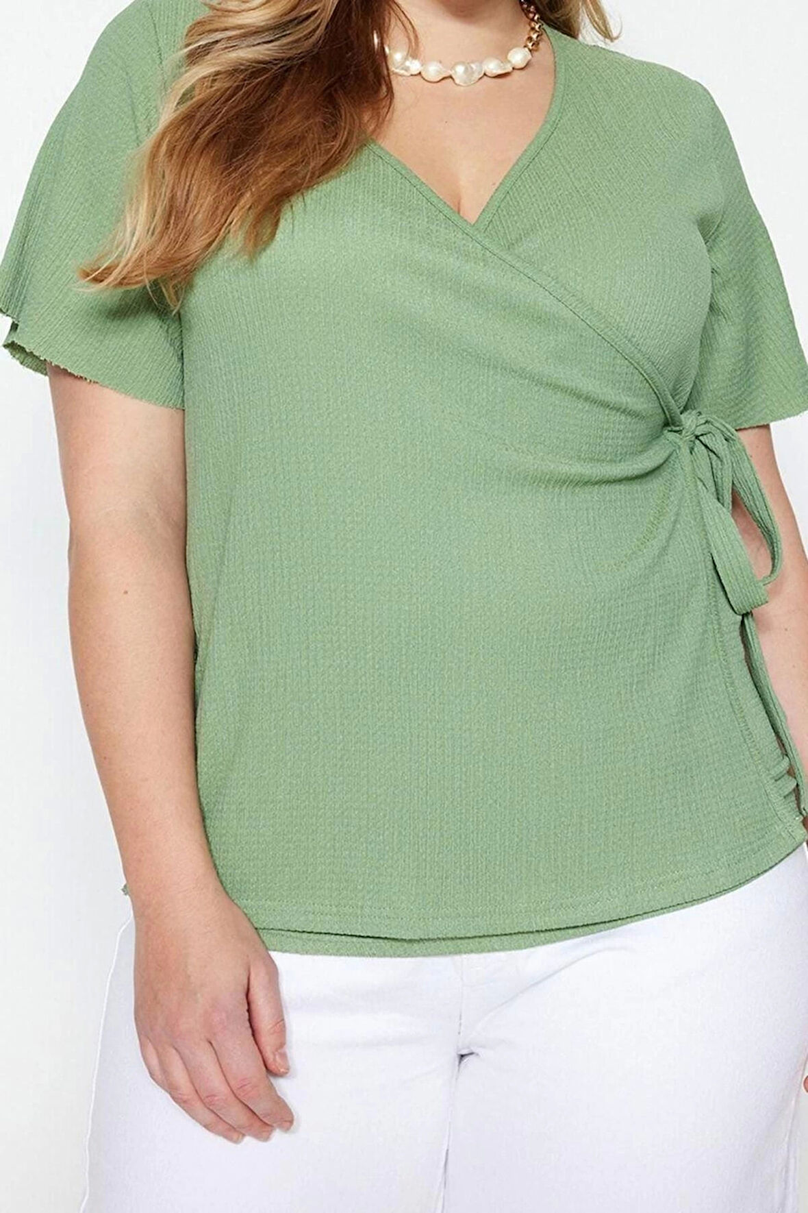 Moda Büyük Beden Kruvaze Örme Fit Düz Desen Casual Günlük Regular Kısa Kol Bluz
