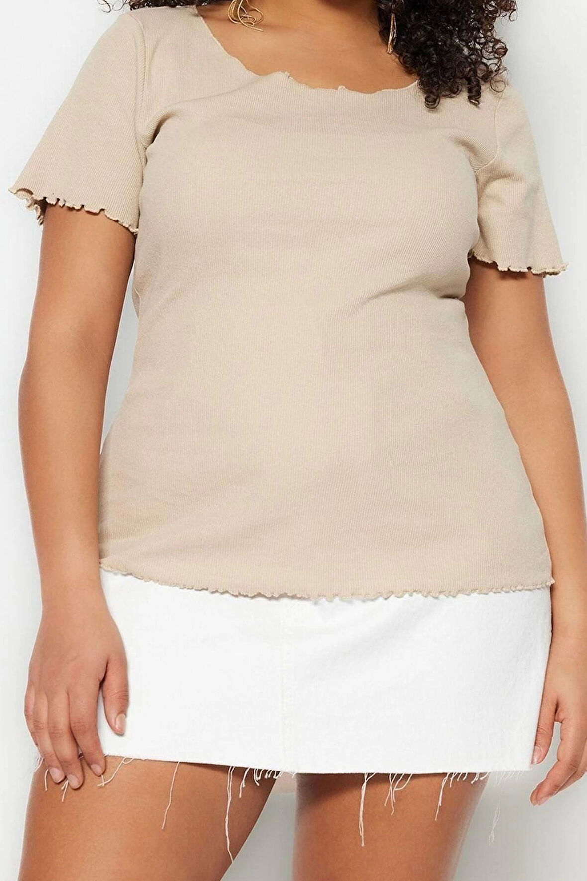 Moda Büyük Beden Kare Yaka Örme Fit Düz Desen Casual Günlük Regular Kısa Kol Bluz