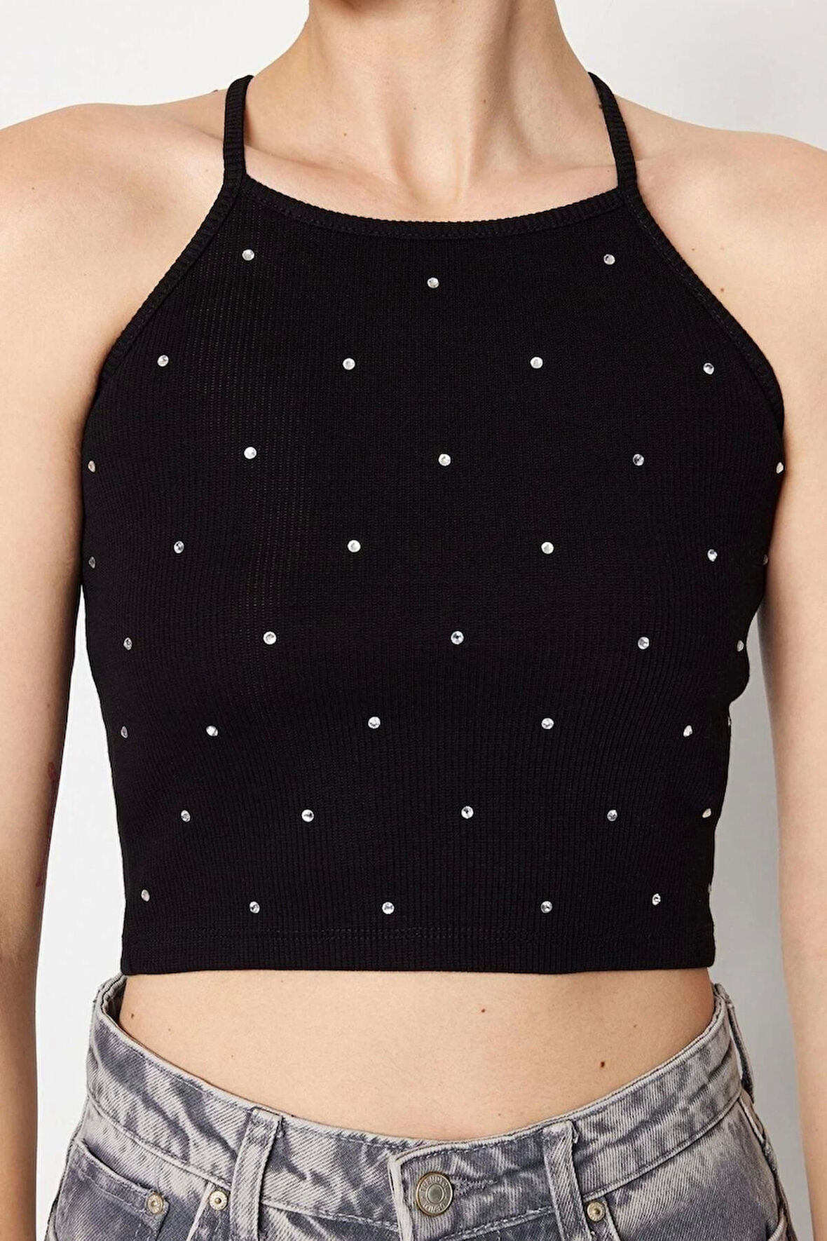 Moda Halter Yaka Örme Slim Fit Düz Desen Casual Günlük Crop Askılı Kol Bluz