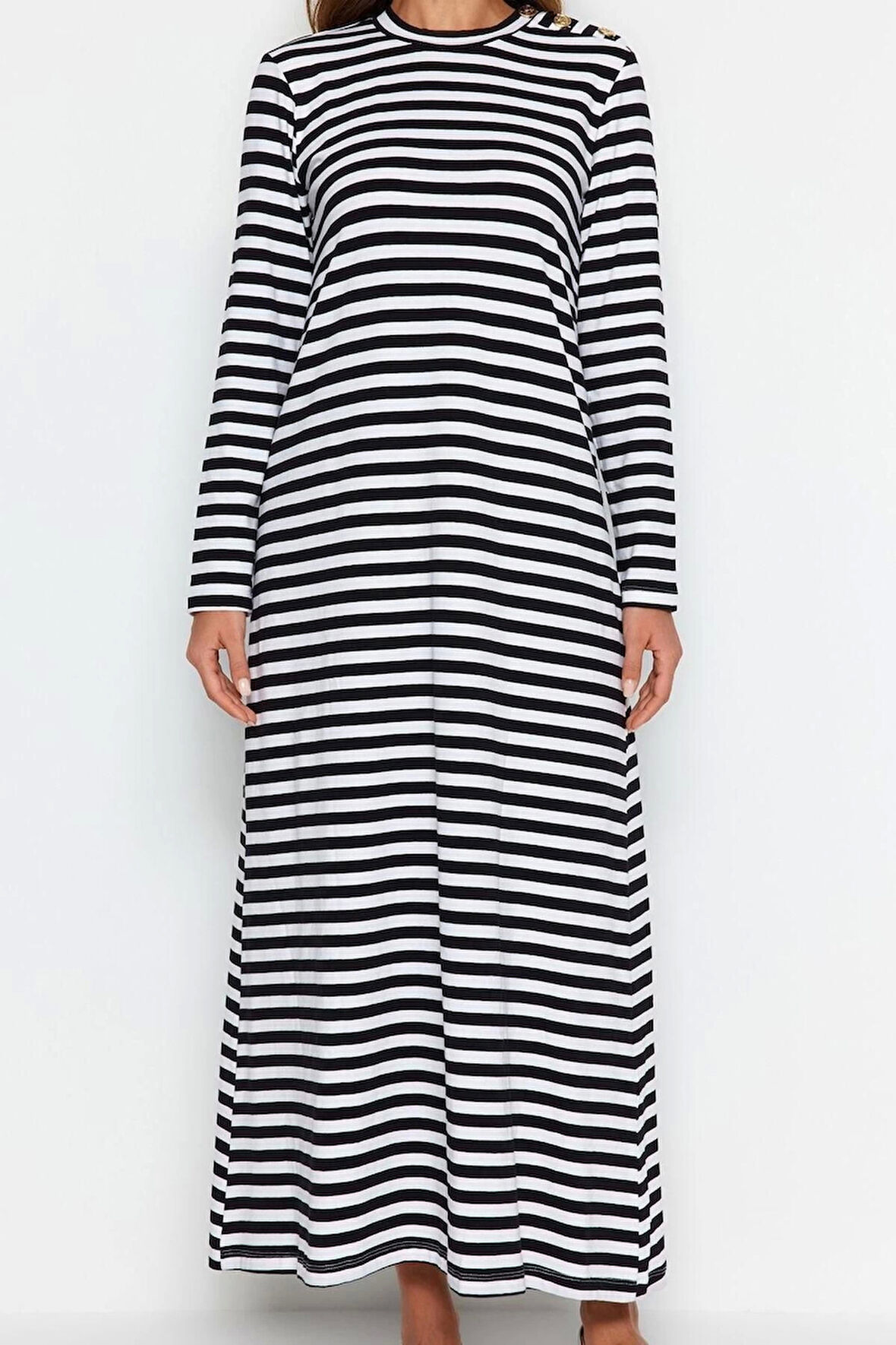 Moda Regular Casual Günlük Ringel Örme Dik Yaka Uzun Kol Basic Maxi Boy Tesettür Elbise