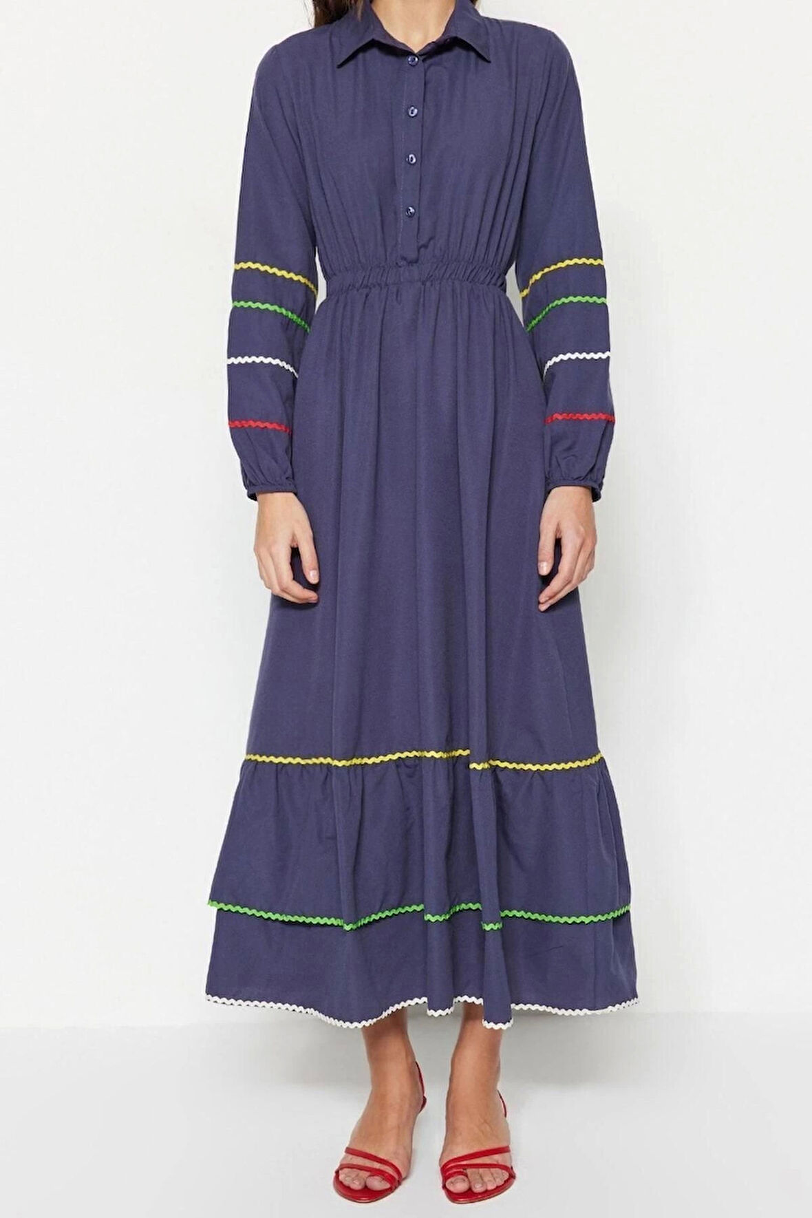 Moda Regular Casual Günlük Terrycotton Dokuma Gömlek Yaka Uzun Kol Basic Maxi Boy Tesettür Elbise