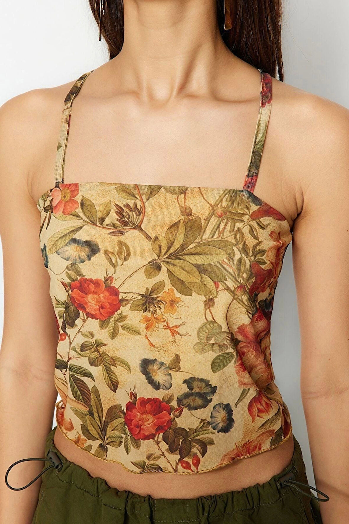 Moda Kare Yaka Örme Slim Çiçekli Desen Casual Günlük Crop Askılı Kol Bluz