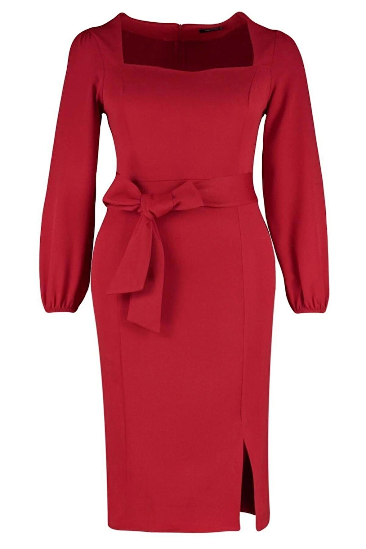 Moda Rahat Gündüz Gece Finike Dokuma Kare Yaka Uzun Kol Shift Midi Boy Büyük Beden Elbise