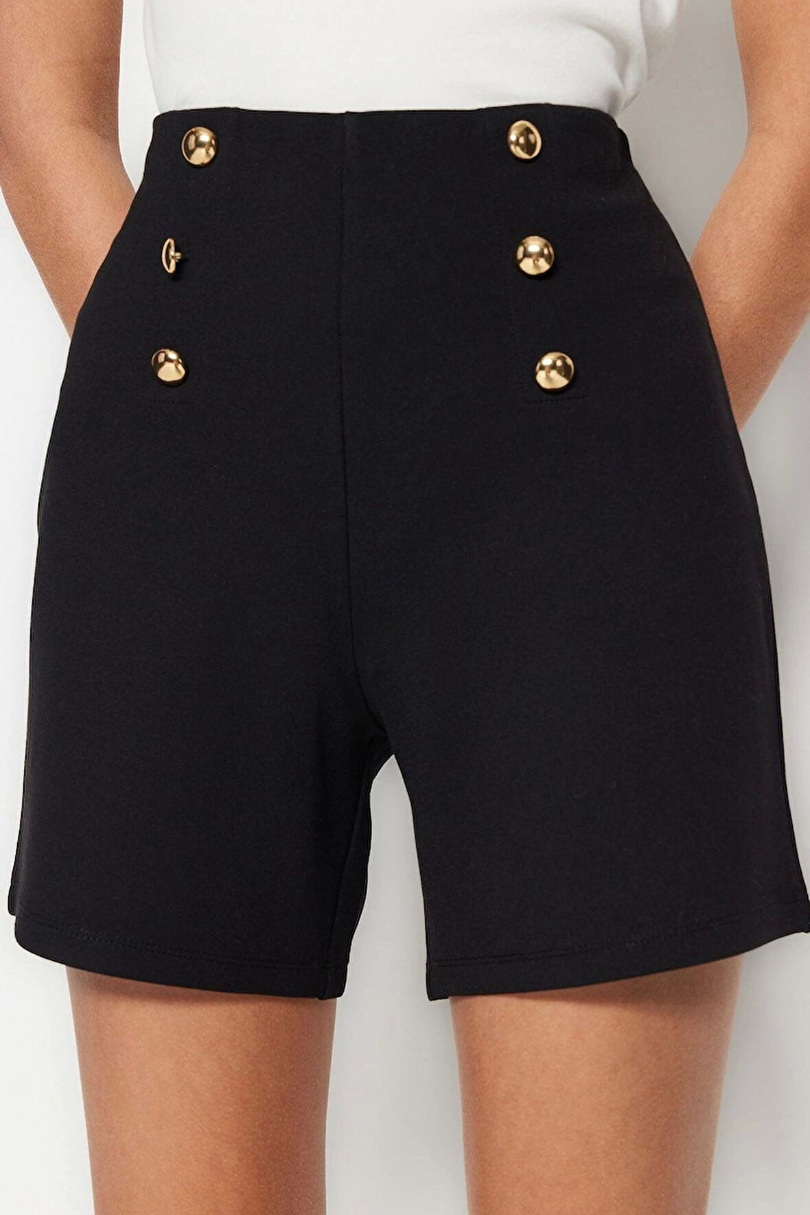 Moda Örme Yüksek Bel Boru Paça Gündüz Gece Düğme Detaylı Yüksek Bel Interlok Smart Şort Bermuda