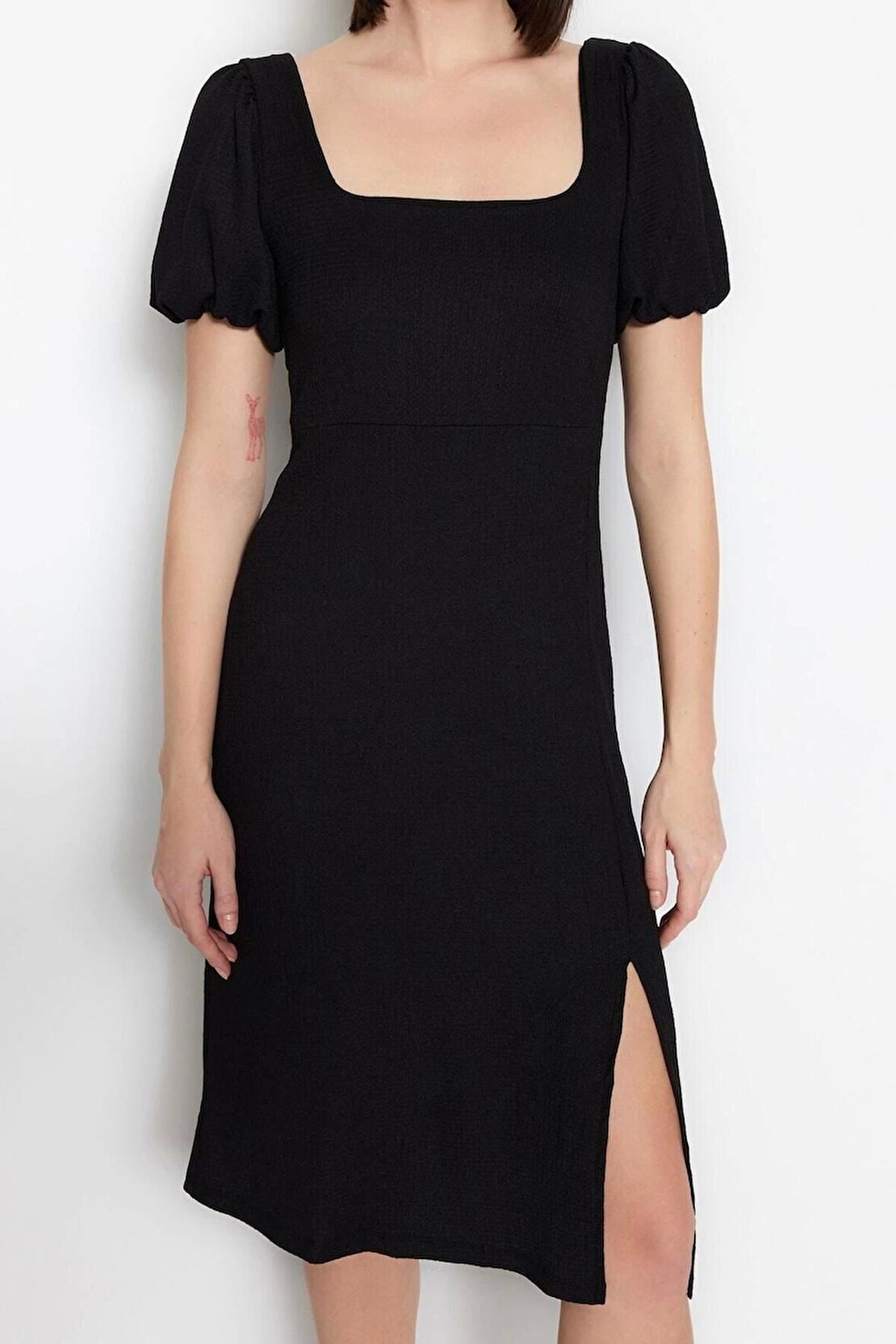 Moda Regular Casual Günlük Bürümcük Örme Kare Yaka Kısa Kol A-Line Midi Boy Elbise