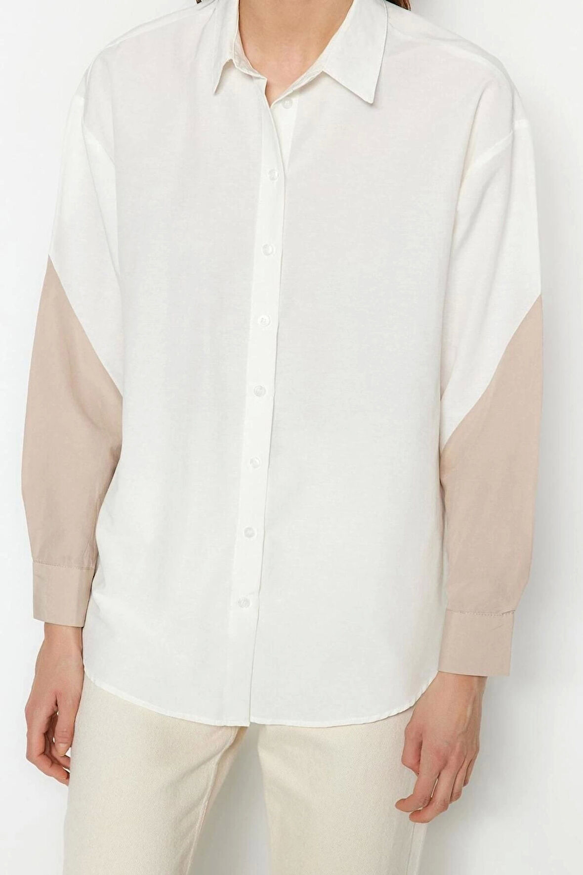 Moda Kadın Gömlek Yaka Düz Desen Günlük Renk Bloklu Boyfriend Geniş Kalıp Dokuma Gömlek