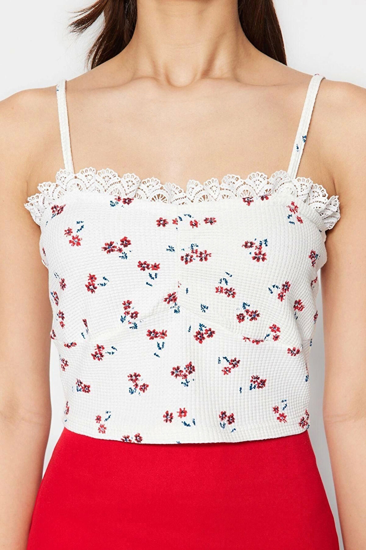 Moda Kare Yaka Örme Slim Çiçekli Desen Casual Günlük Crop Askılı Kol Bluz
