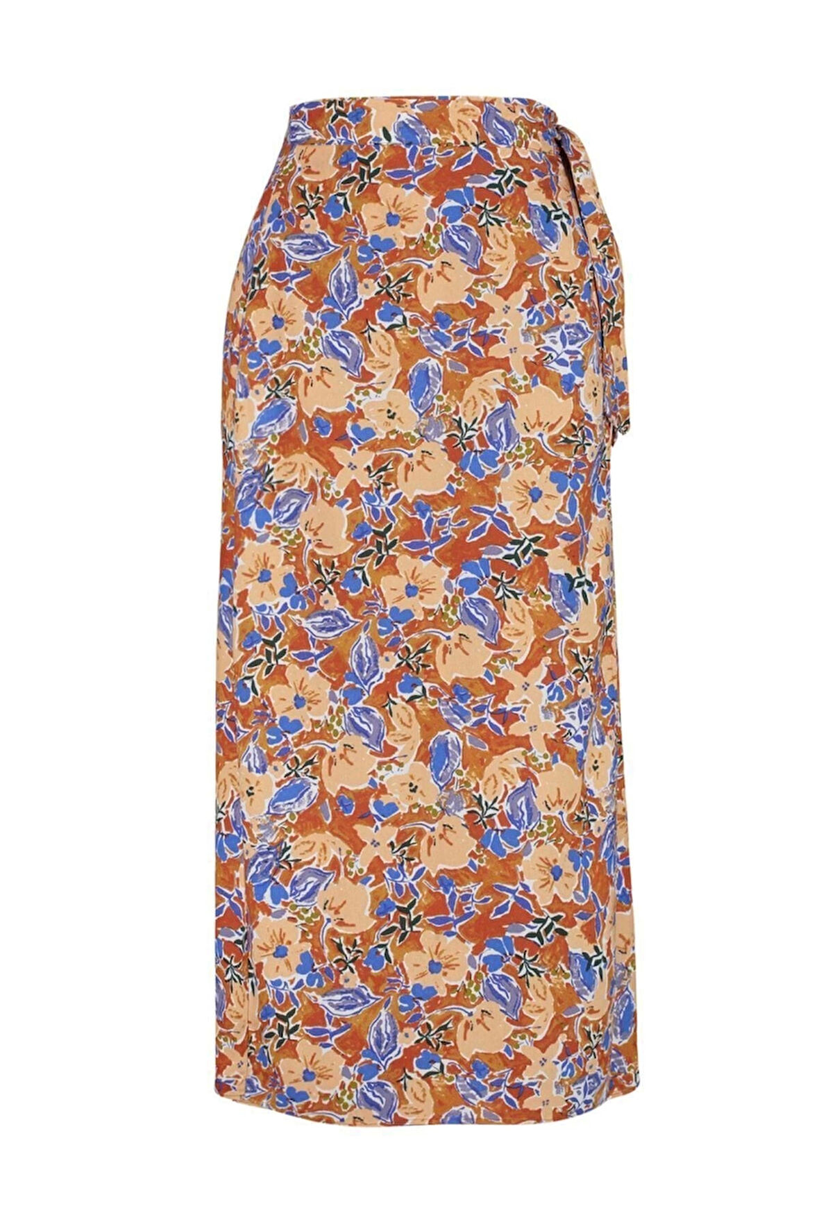 Moda Regular Çiçekli Desen Günlük Midi Boy Kruvaze Viskon Kumaş Midi Boy Dokuma Etek