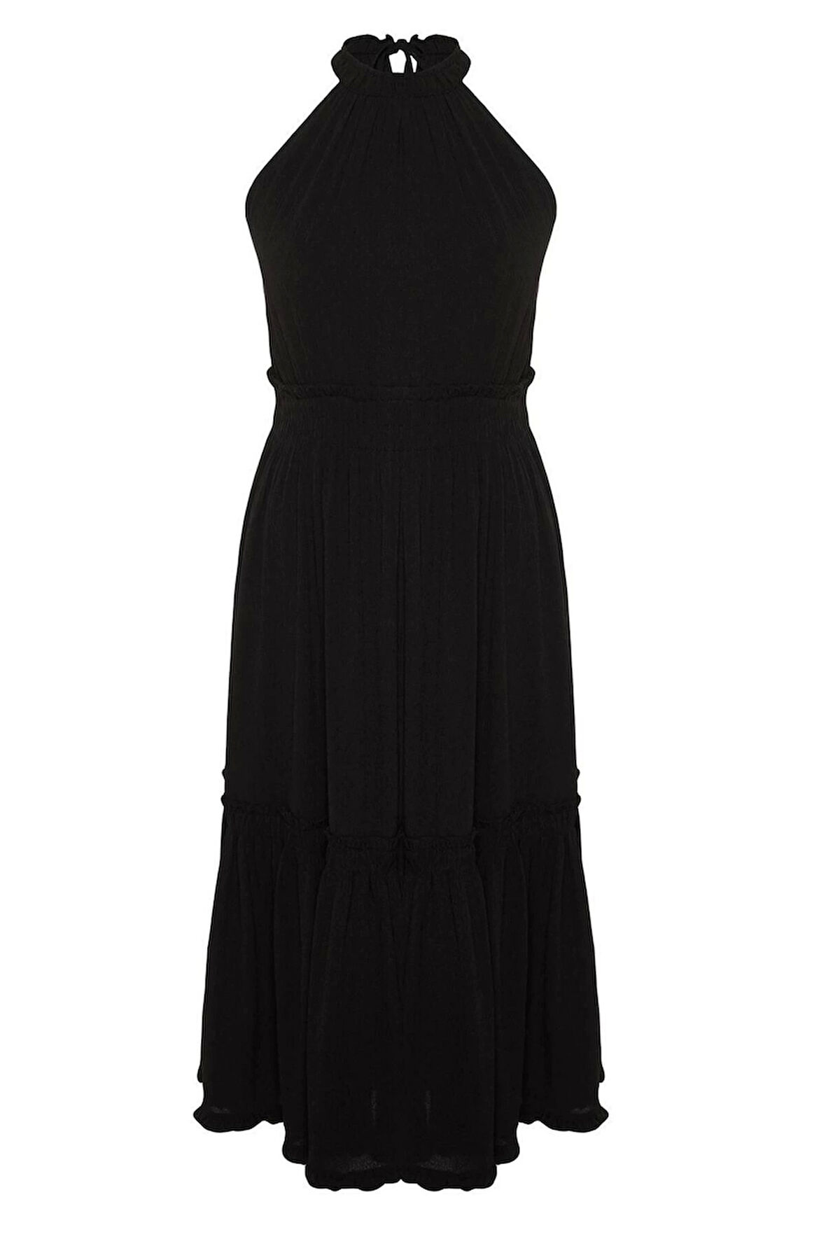 Moda Rahat Casual Günlük Crinkle Dokuma Bisiklet Yaka Kolsuz Kol A-Line Midi Boy Büyük Beden Elbise