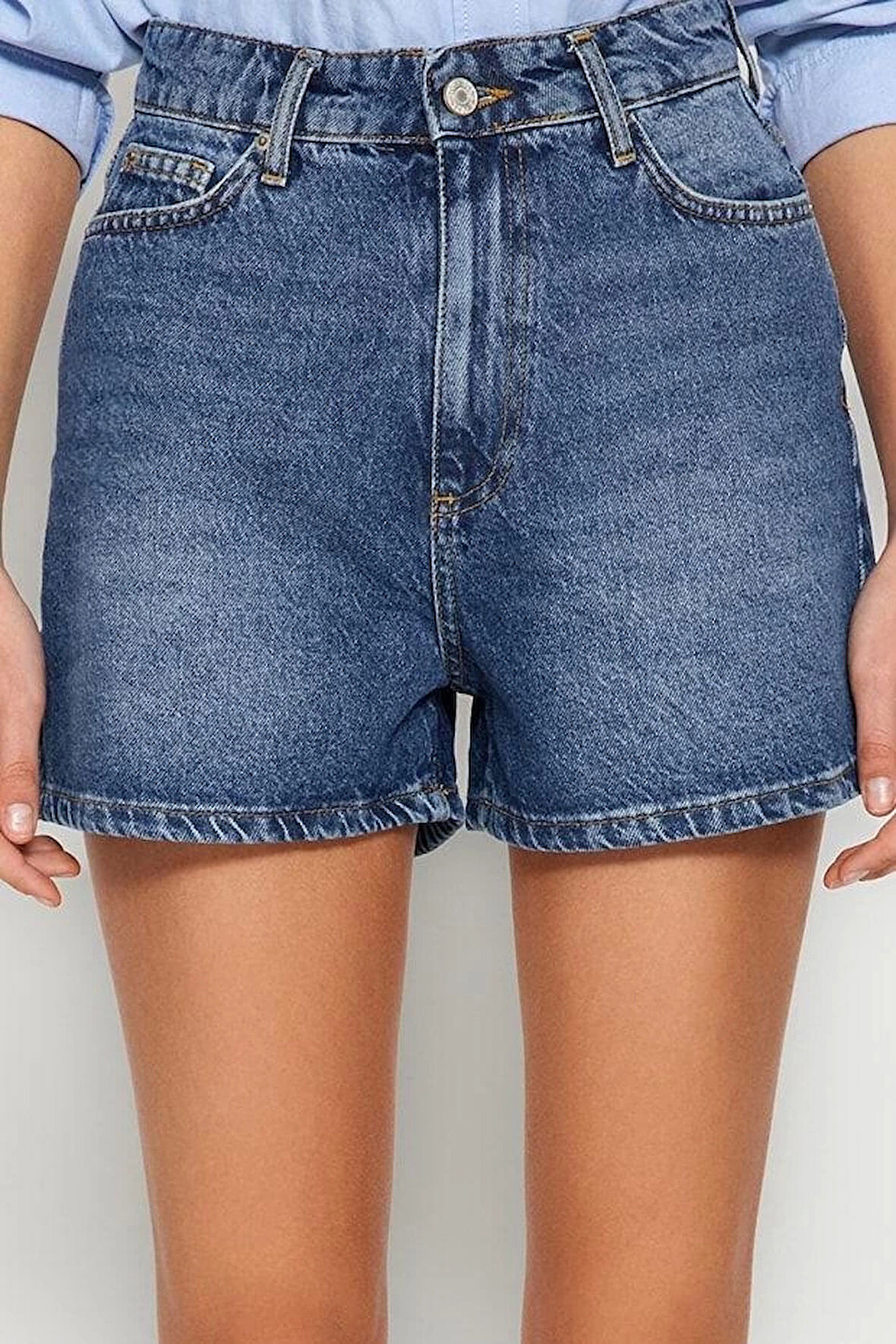 Büyük Beden Moda Denim Yüksek Bel Geniş Paça Gündelik Koyu Mavi Yüksek Bel Destroylu Şort Bermuda