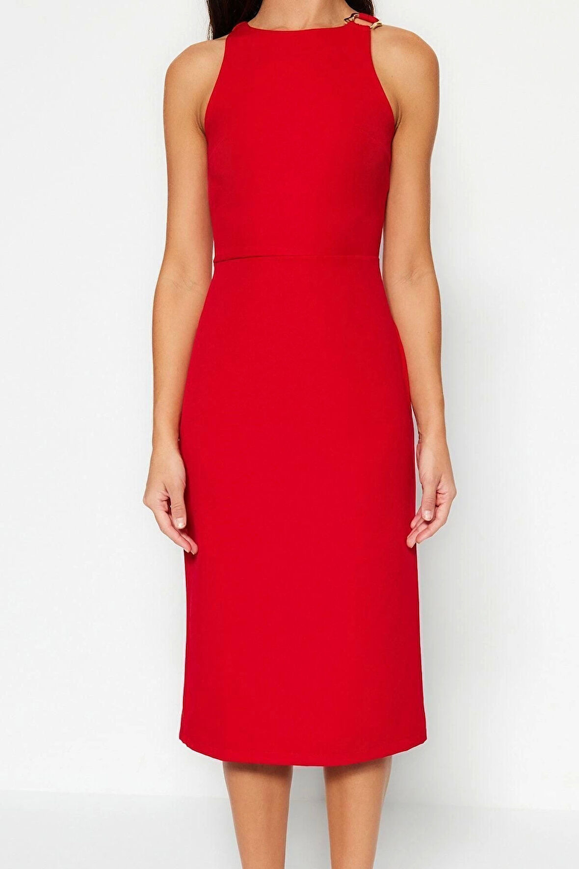 Moda Regular Gündüz Gece Finike Dokuma Halter Yaka Kolsuz Kol Bodycone Midi Boy Elbise