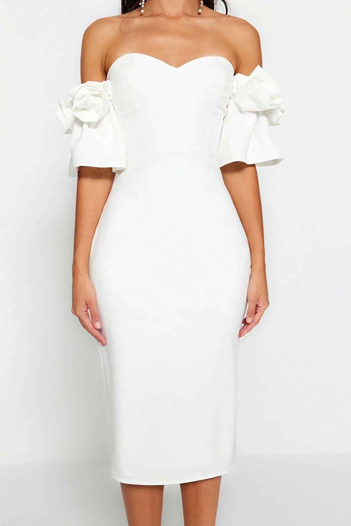 Moda Fit Mezuniyet Balo Finike Dokuma Kalp Yaka Kısa Kol Bodycone Midi Boy Elbise