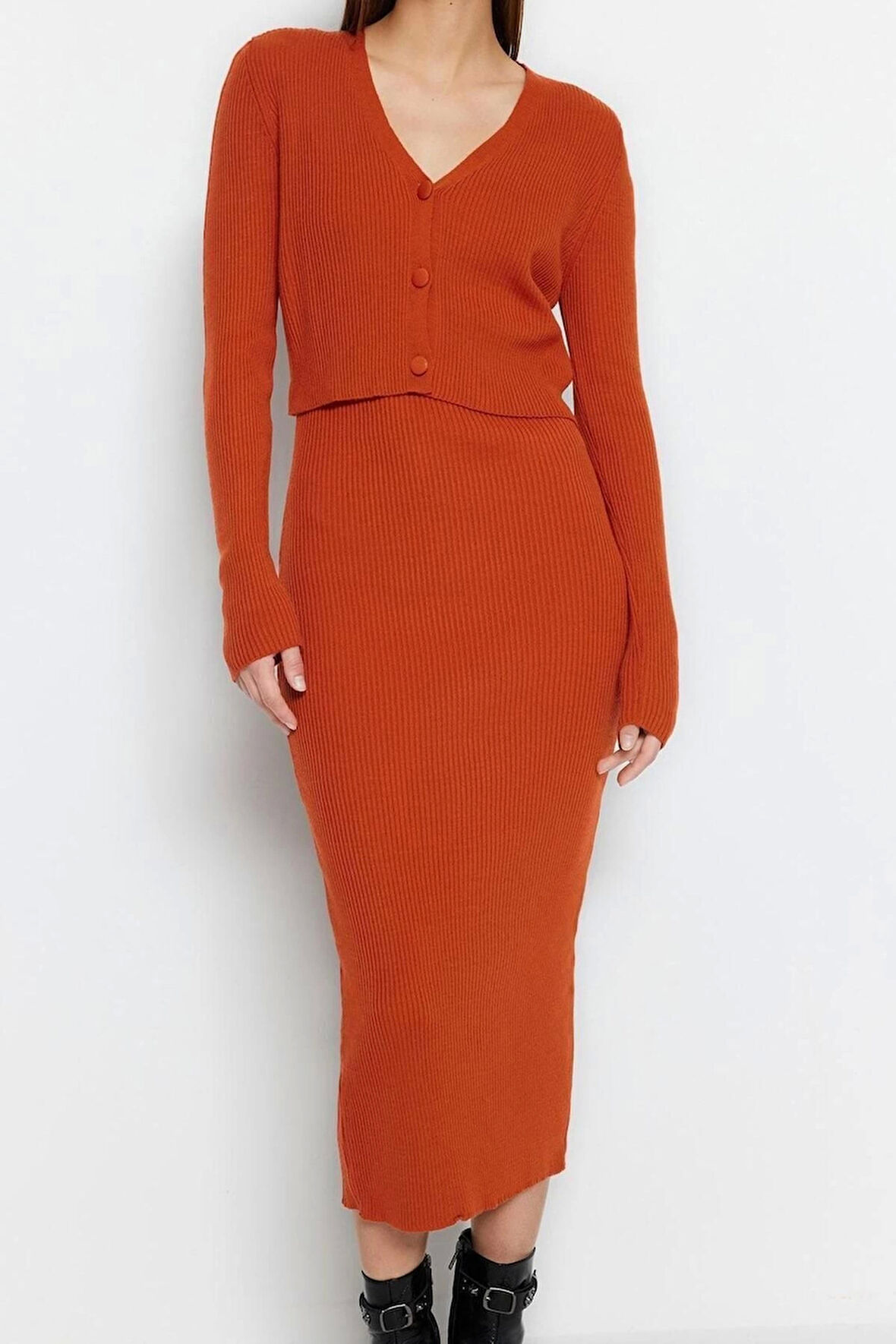 Moda Slim Casual Günlük Fitilli Triko V Yaka Uzun Kol Bodycone Midi Boy Elbise
