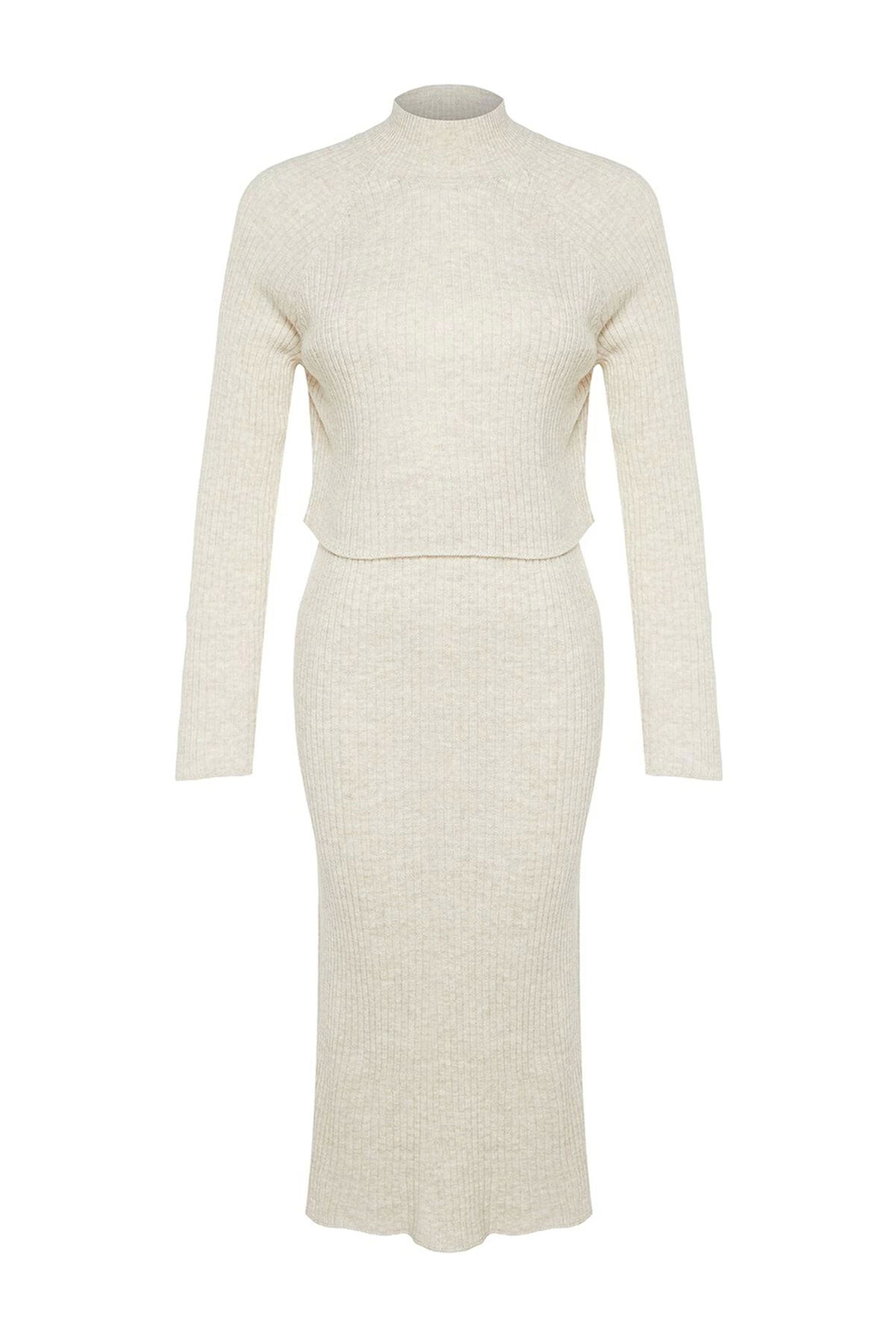 Tarz Kadın Modern Moda Yüksek Bel Geniş Paça Bisiklet Yaka Crop Basic Etekli Triko Alt-Üst Takım