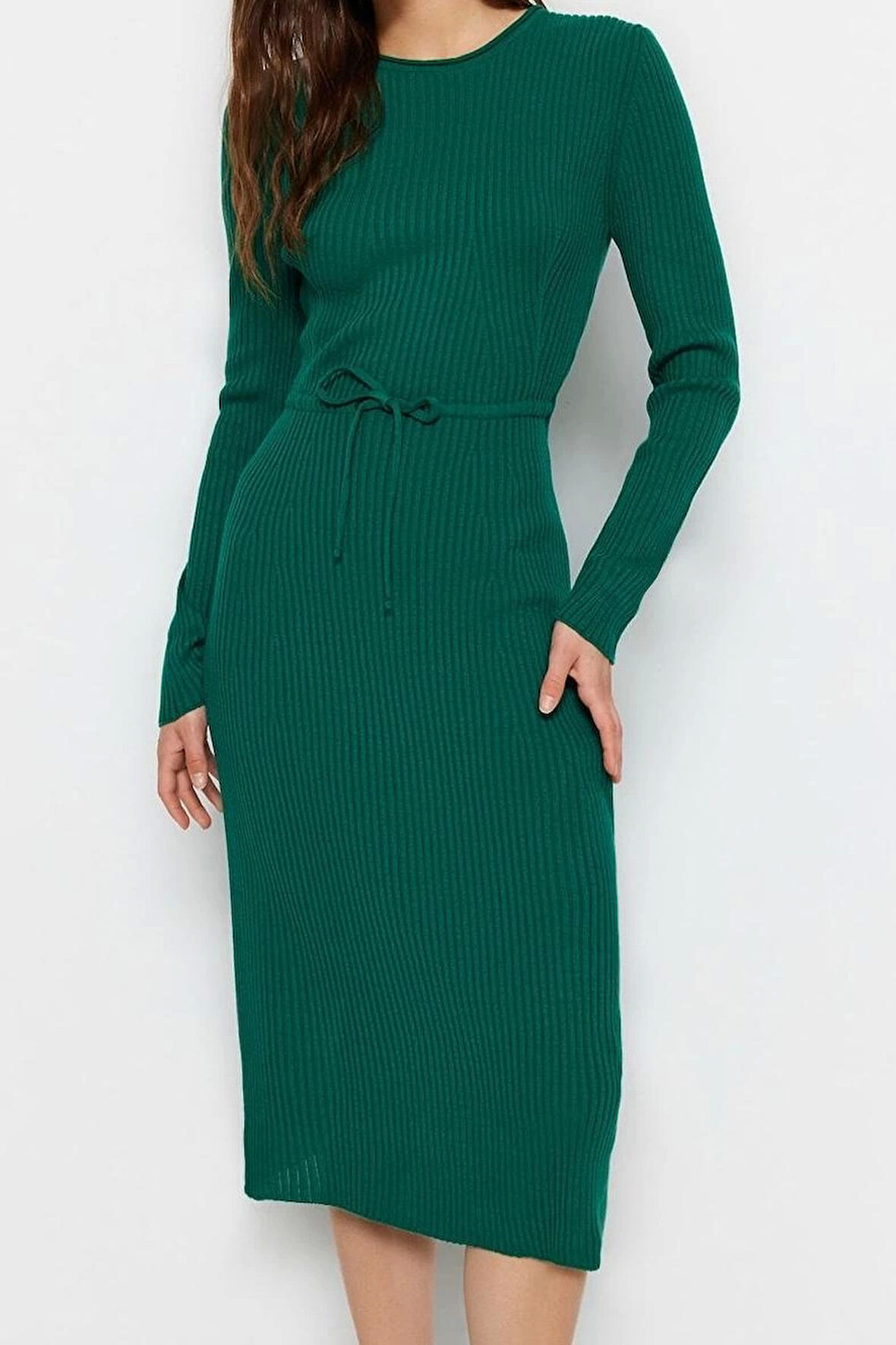Moda Slim Casual Günlük Tek Plaka Triko Bisiklet Yaka Uzun Kol Bodycone Midi Boy Elbise