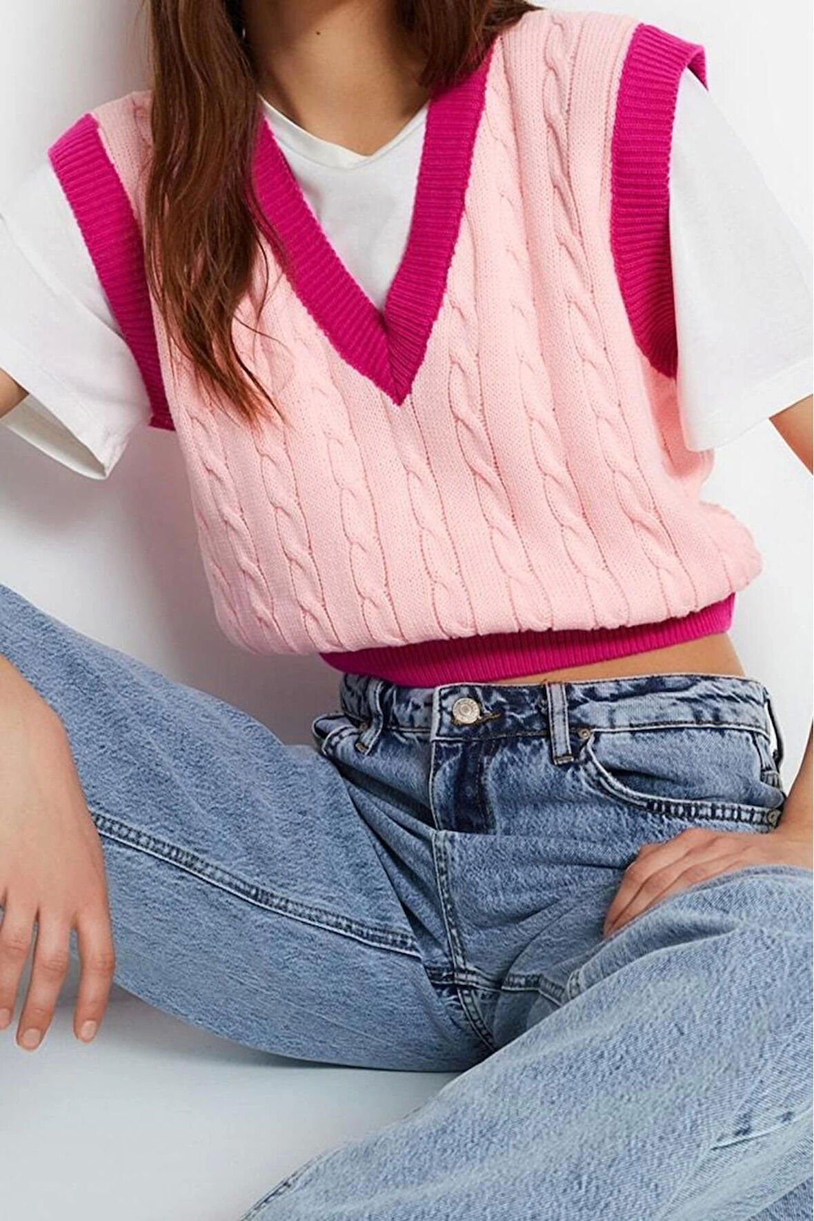 Kadın Modern Tarz Rahat Kolsuz V Yaka Renk Bloklu Kol Crop Triko Süveter