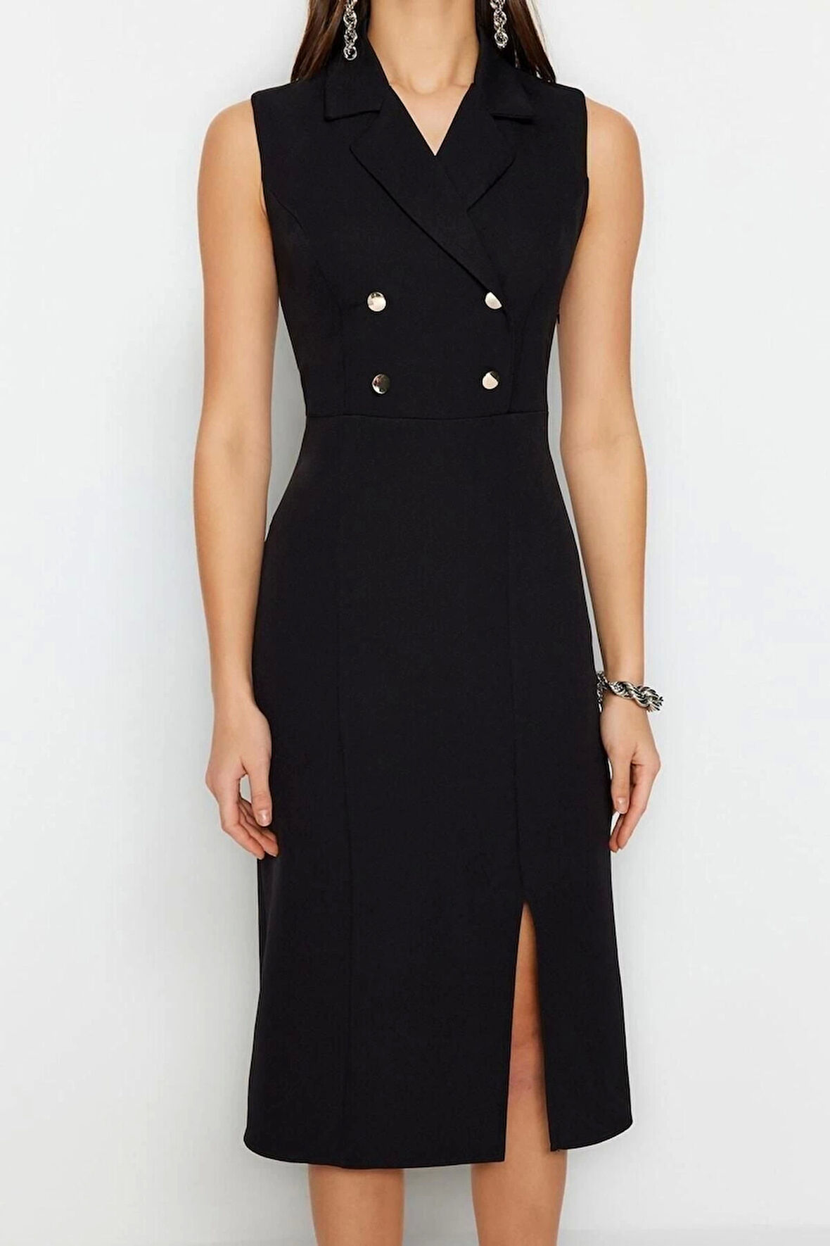 Moda Regular Gündüz Gece Finike Dokuma Ceket Yaka Kolsuz Kol Bodycone Midi Boy Elbise