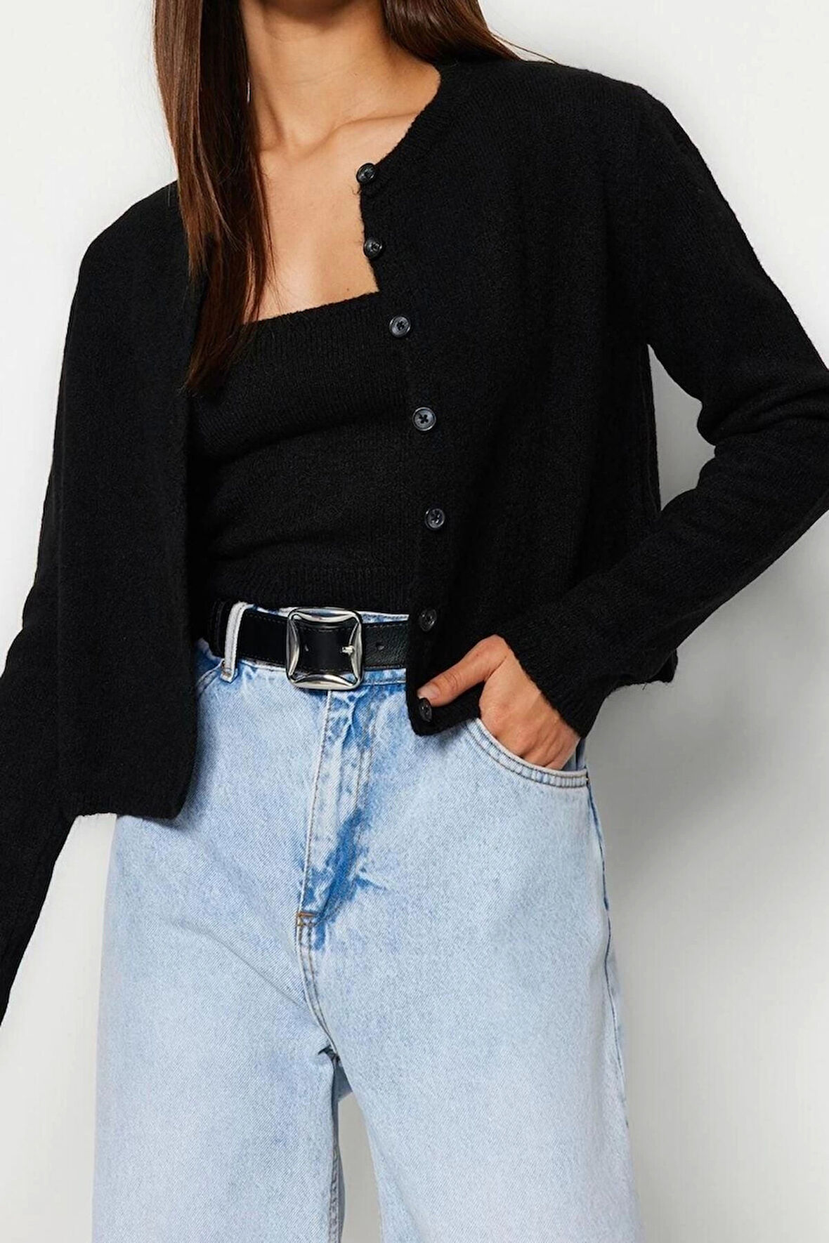 Kadın Modern Tarz Slim Bisiklet Yaka Crop Triko Takım