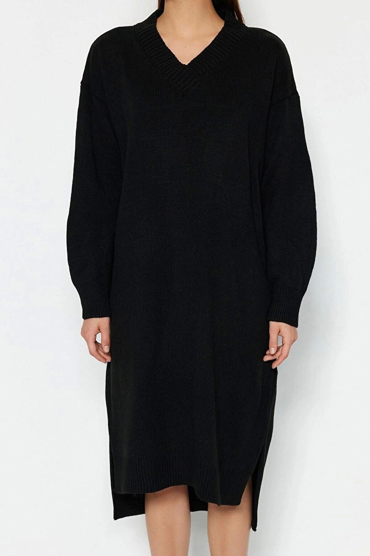 Moda Oversize Casual Günlük Selanik Triko V Yaka Uzun Kol Shift Maxi Boy Elbise