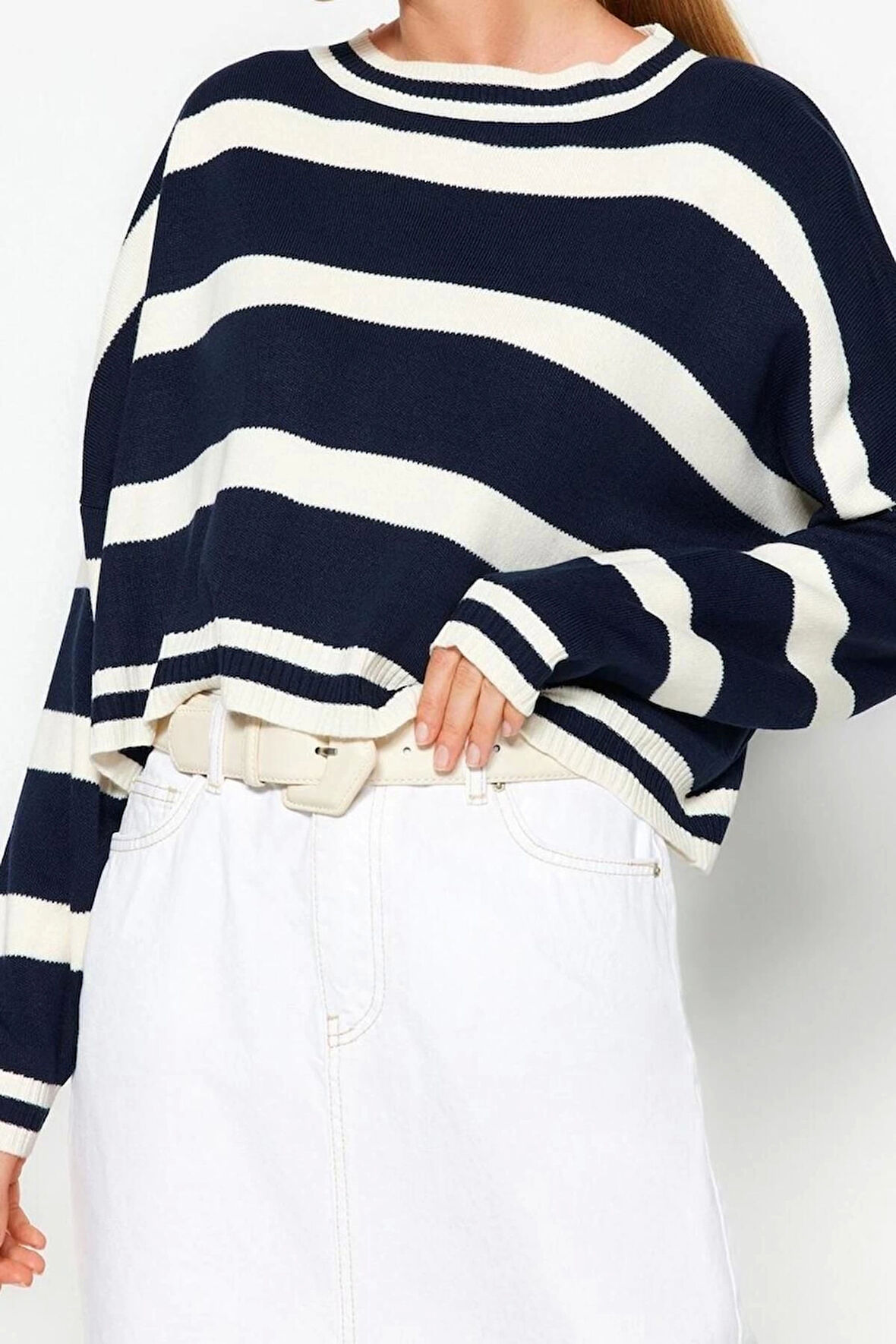 Stil Modern Kadın Crop Düşük Kol Bisiklet Yaka Çizgili Triko Kazak