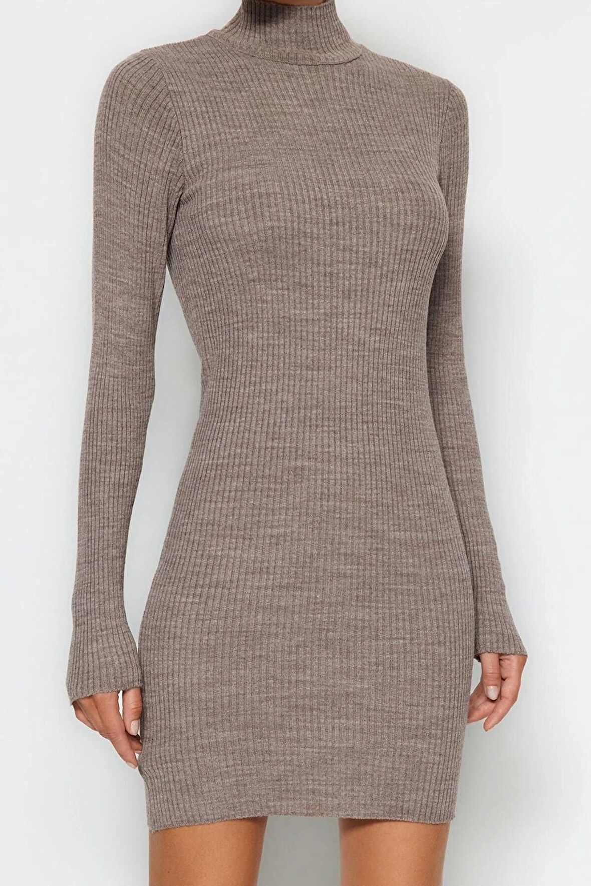 Moda Slim Casual Günlük Tek Plaka Triko Dik Yaka Uzun Kol Bodycone Mini Boy Elbise