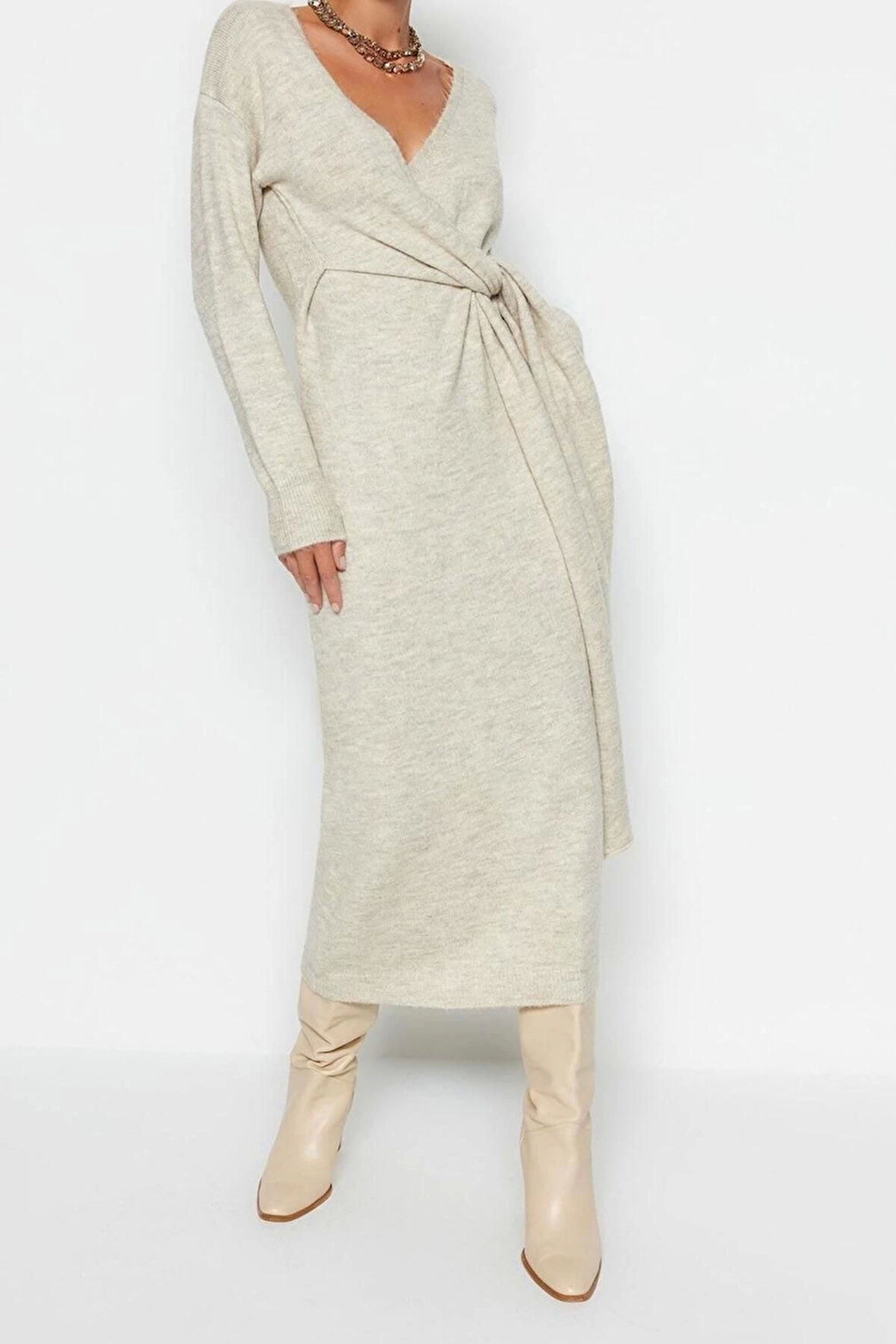 Moda Regular Casual Günlük Tek Plaka Triko Kruvaze Uzun Kol Kruvaze Maxi Boy Elbise