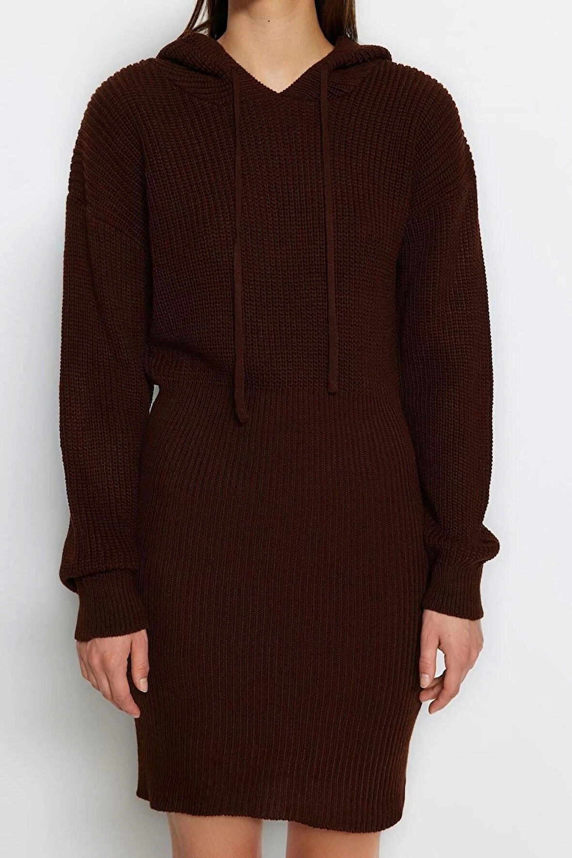 Moda Regular Casual Günlük Dolu İğne Triko Kapüşonlu Uzun Kol Kazak Elbise Mini Boy Elbise