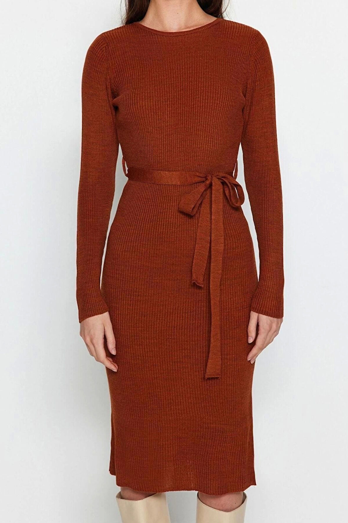 Moda Slim Casual Günlük Fitilli Triko Bisiklet Yaka Uzun Kol A-Line Midi Boy Elbise