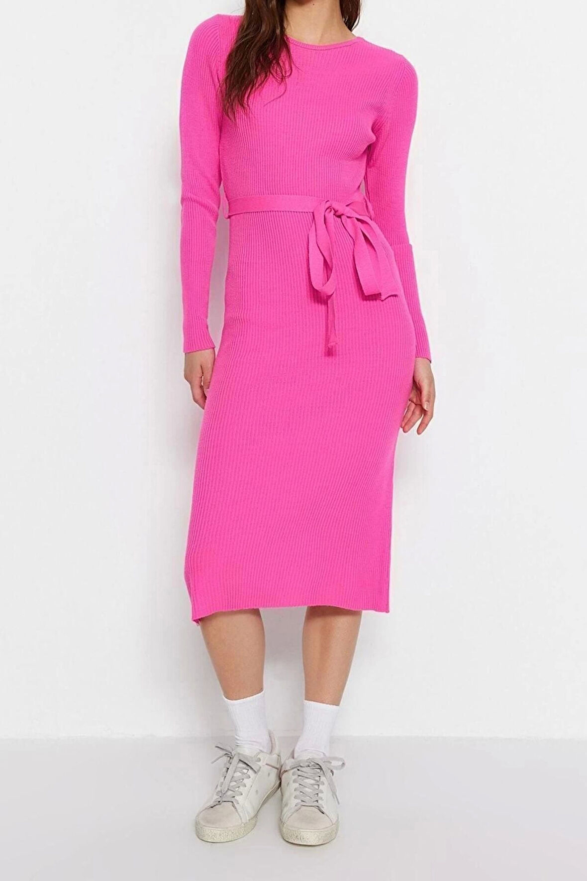 Moda Slim Casual Günlük Fitilli Triko Bisiklet Yaka Uzun Kol A-Line Midi Boy Elbise