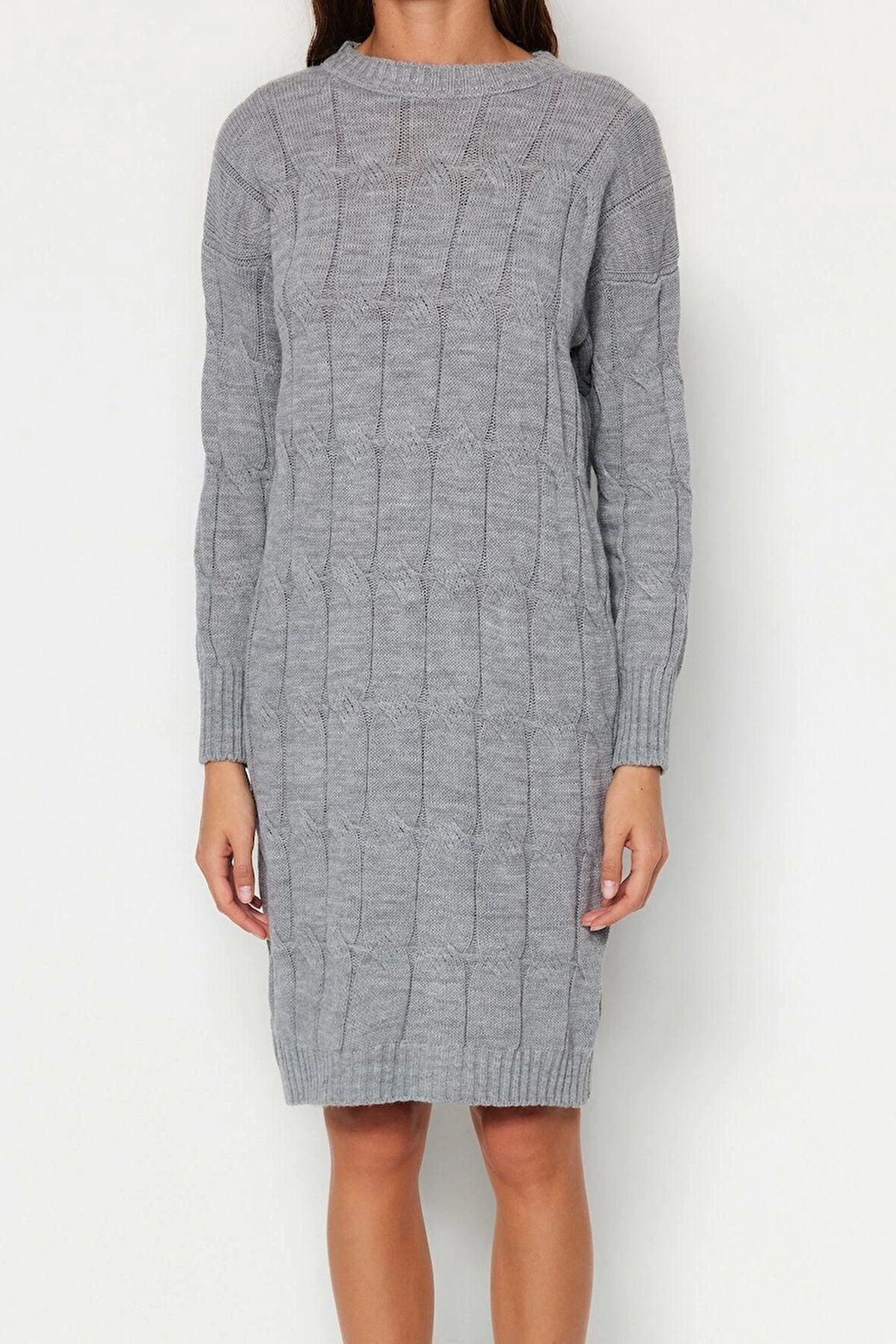 Moda Oversize Casual Günlük Çift Plaka Triko Bisiklet Yaka Uzun Kol Shift Mini Boy Elbise