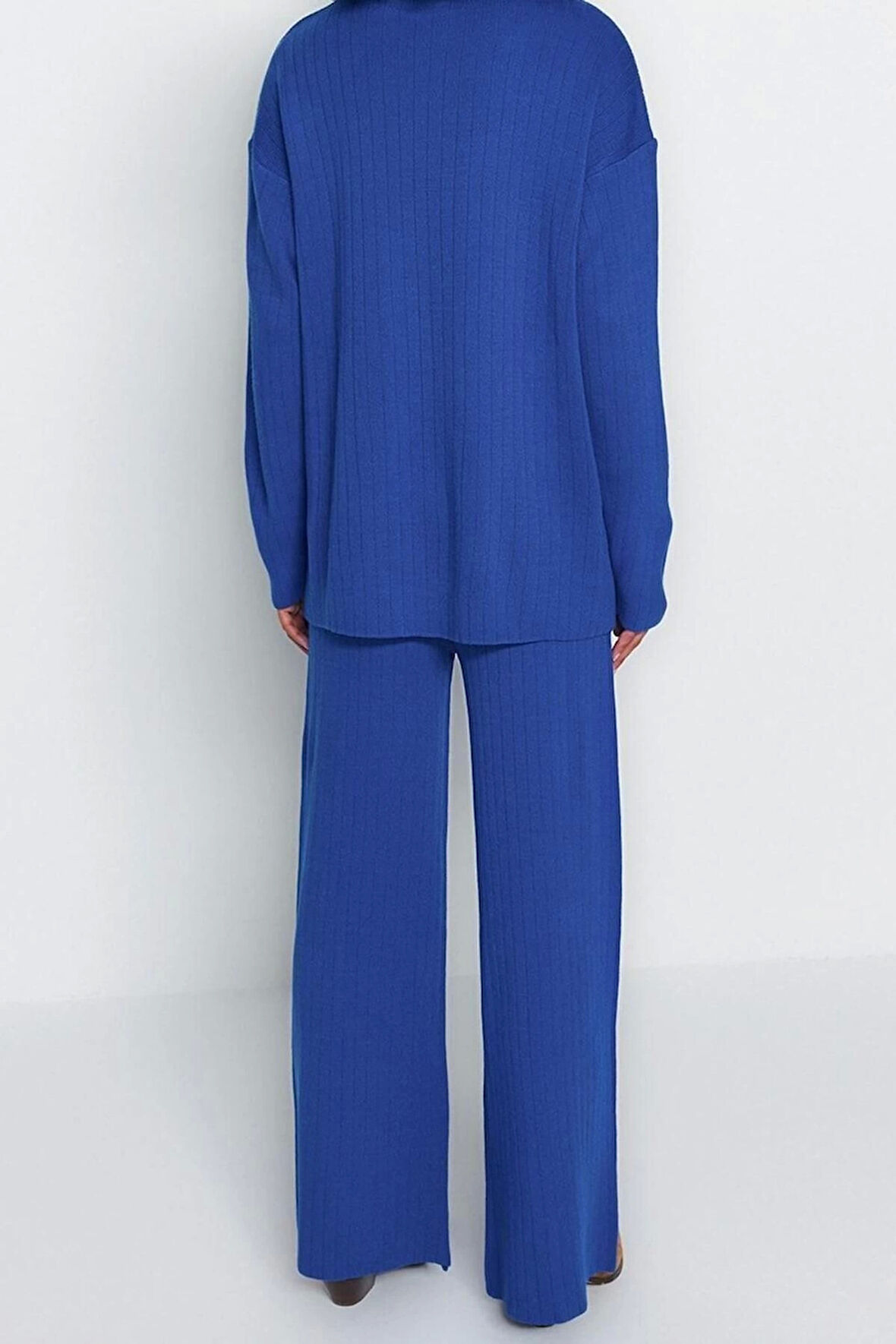 Moda Yüksek Bel Dik Yaka Düşük Kol Günlük Siyah Geniş Kalıp Basic Pantalonlu Triko Alt-Üst Takım