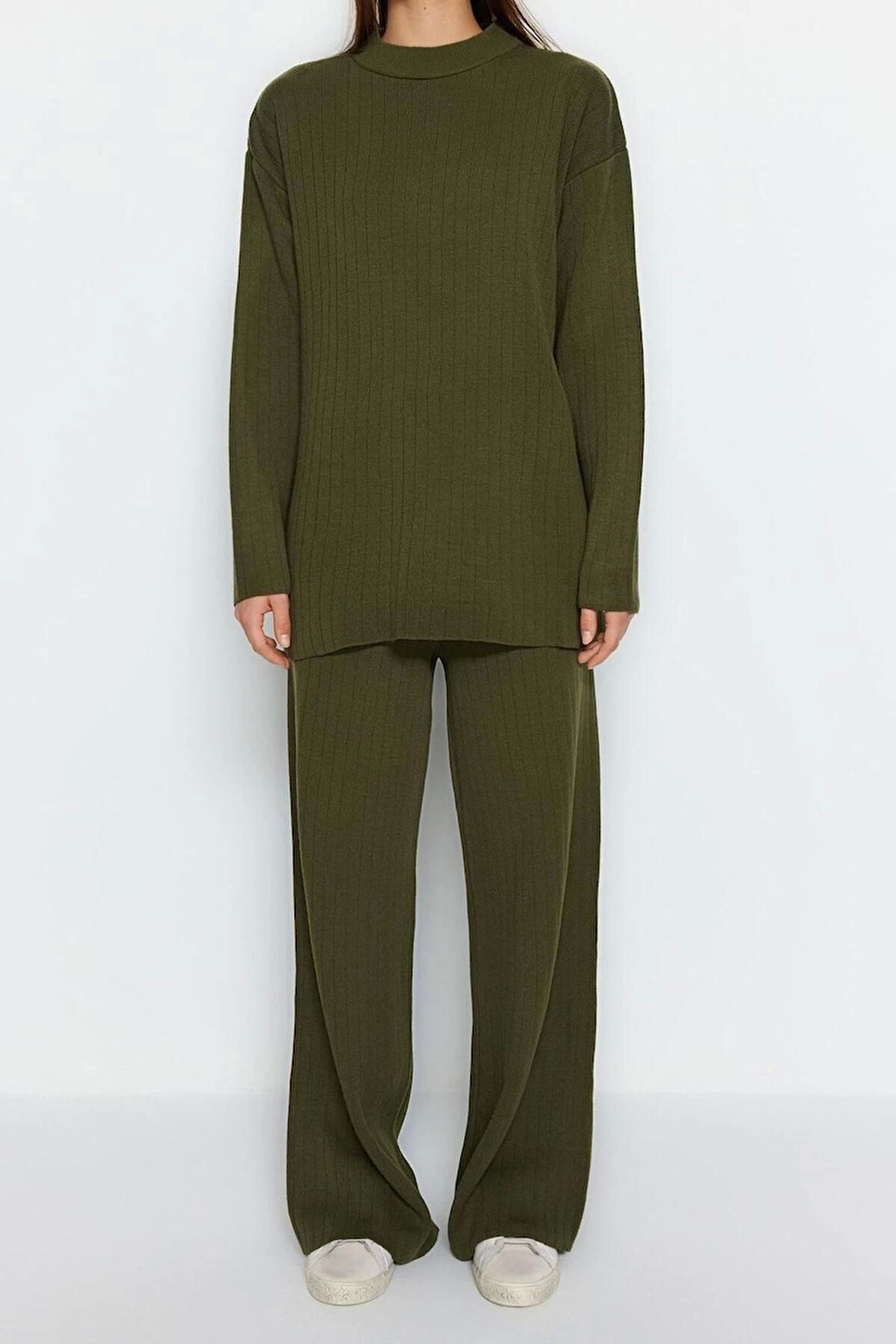 Moda Yüksek Bel Dik Yaka Düşük Kol Günlük Siyah Geniş Kalıp Basic Pantalonlu Triko Alt-Üst Takım