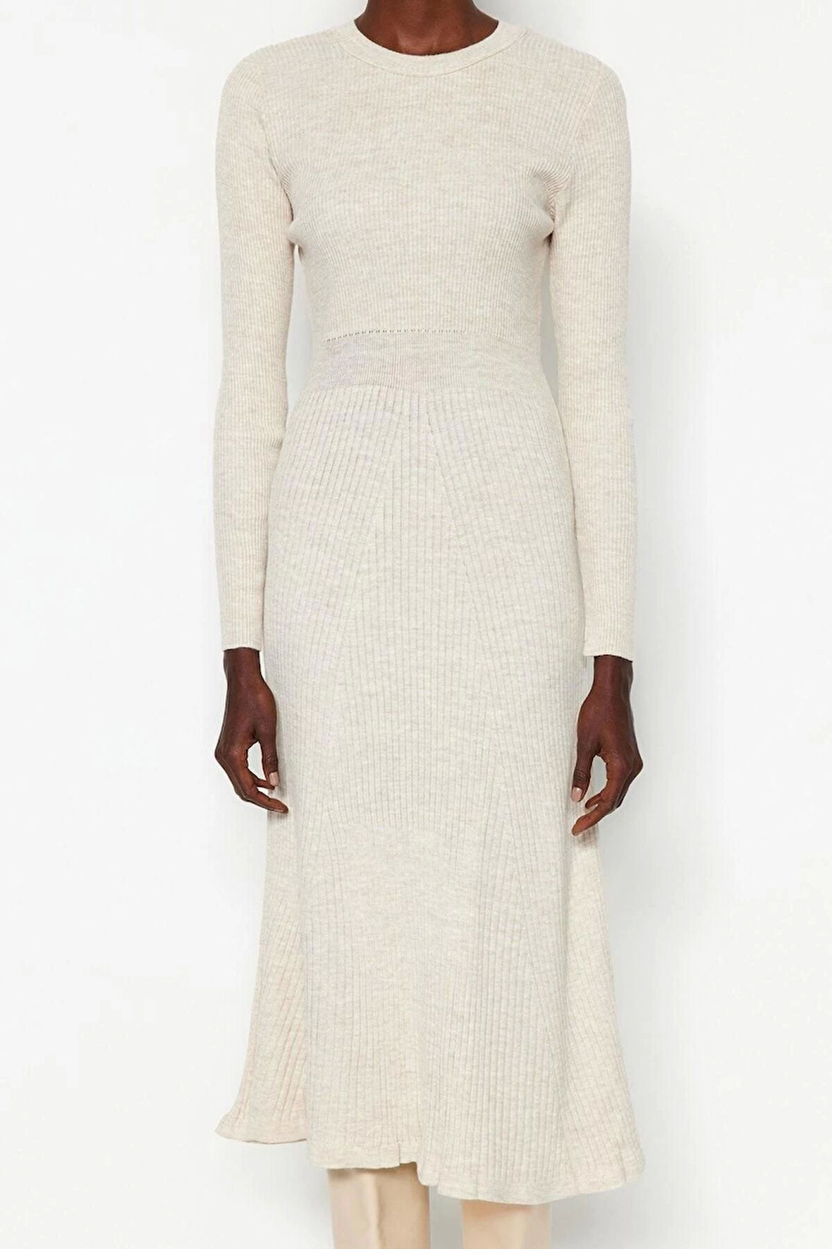 Moda Slim Casual Günlük Tek Plaka Triko Bisiklet Yaka Uzun Kol Bodycone Midi Boy Elbise