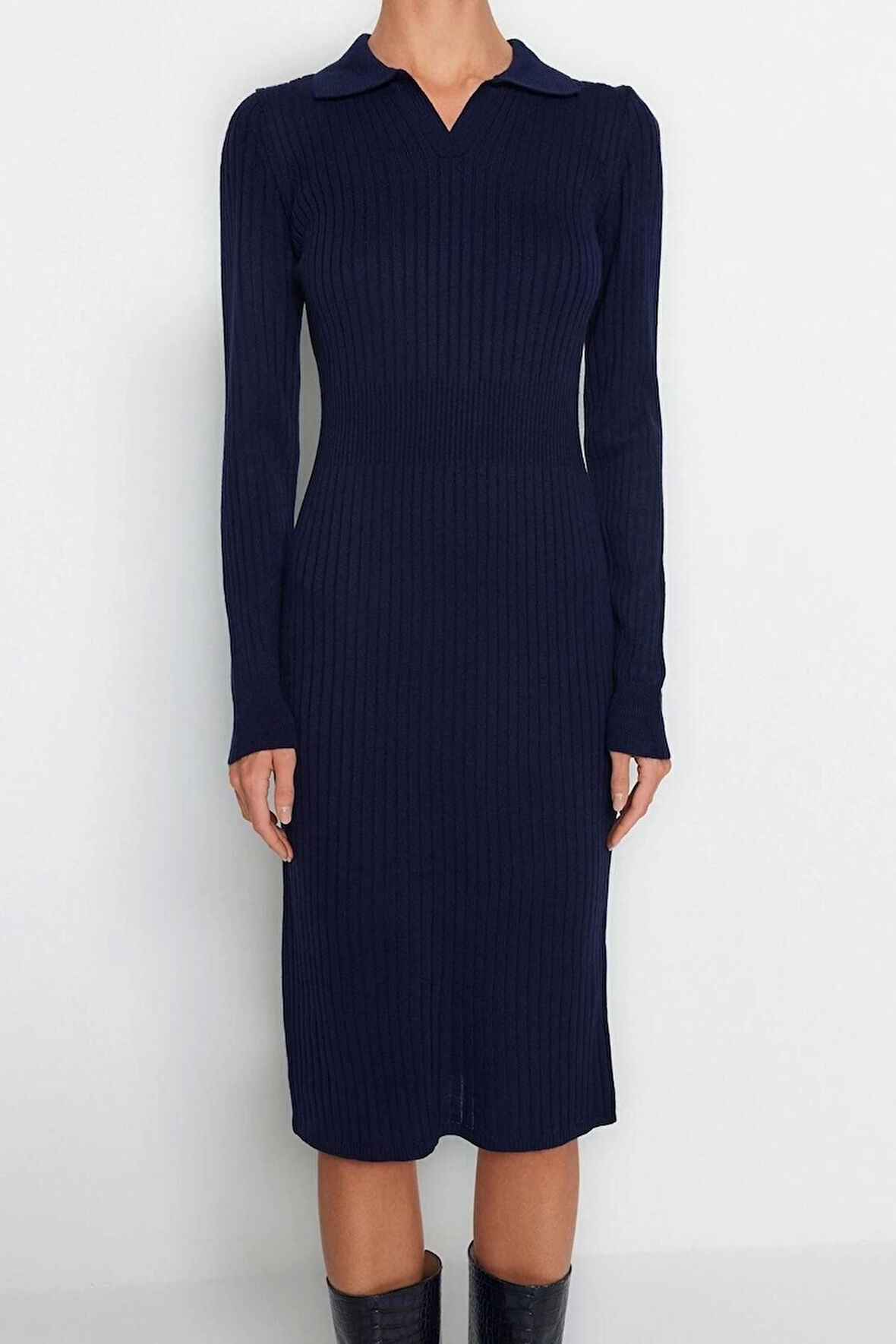 Moda Slim Casual Günlük Fitilli Triko Polo Yaka Uzun Kol Bodycone Midi Boy Elbise