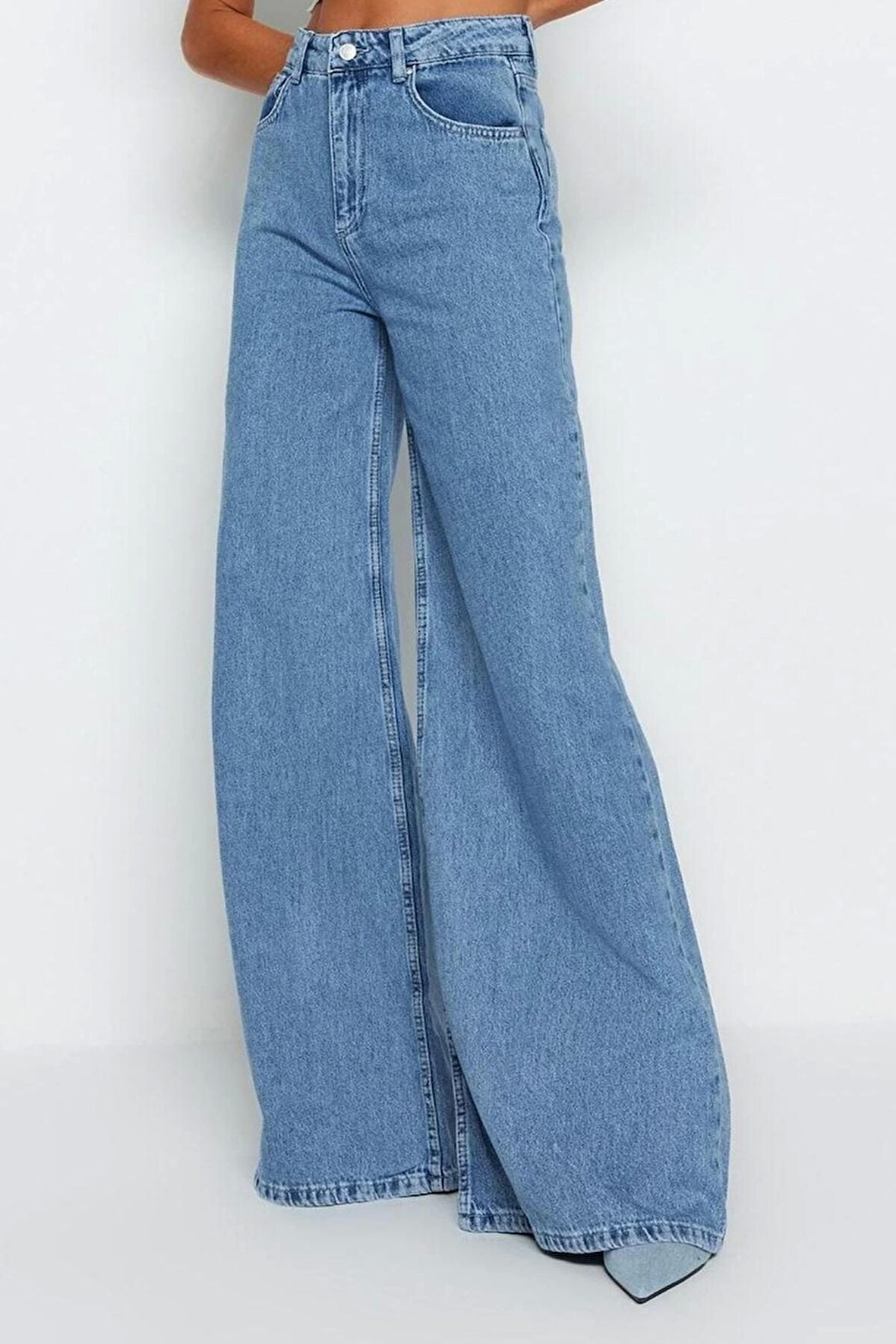 Stil Kadın Moda Denim Kot Pantolon Uzun Geniş Paça Mavi Yüksek Bel Ekstra Palazzo Jeans