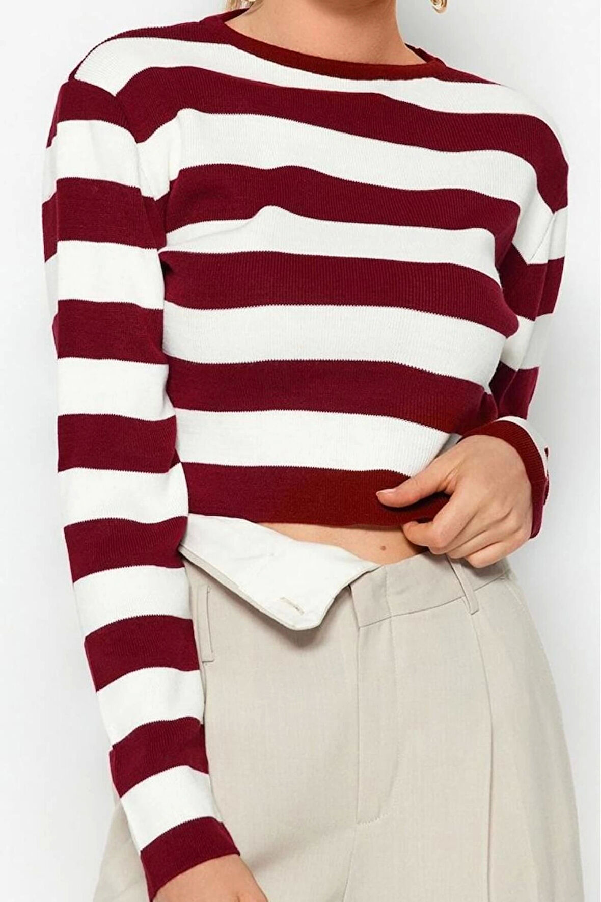 Stil Modern Kadın Crop Standart Kol Bisiklet Yaka Basic Çizgili Triko Kazak