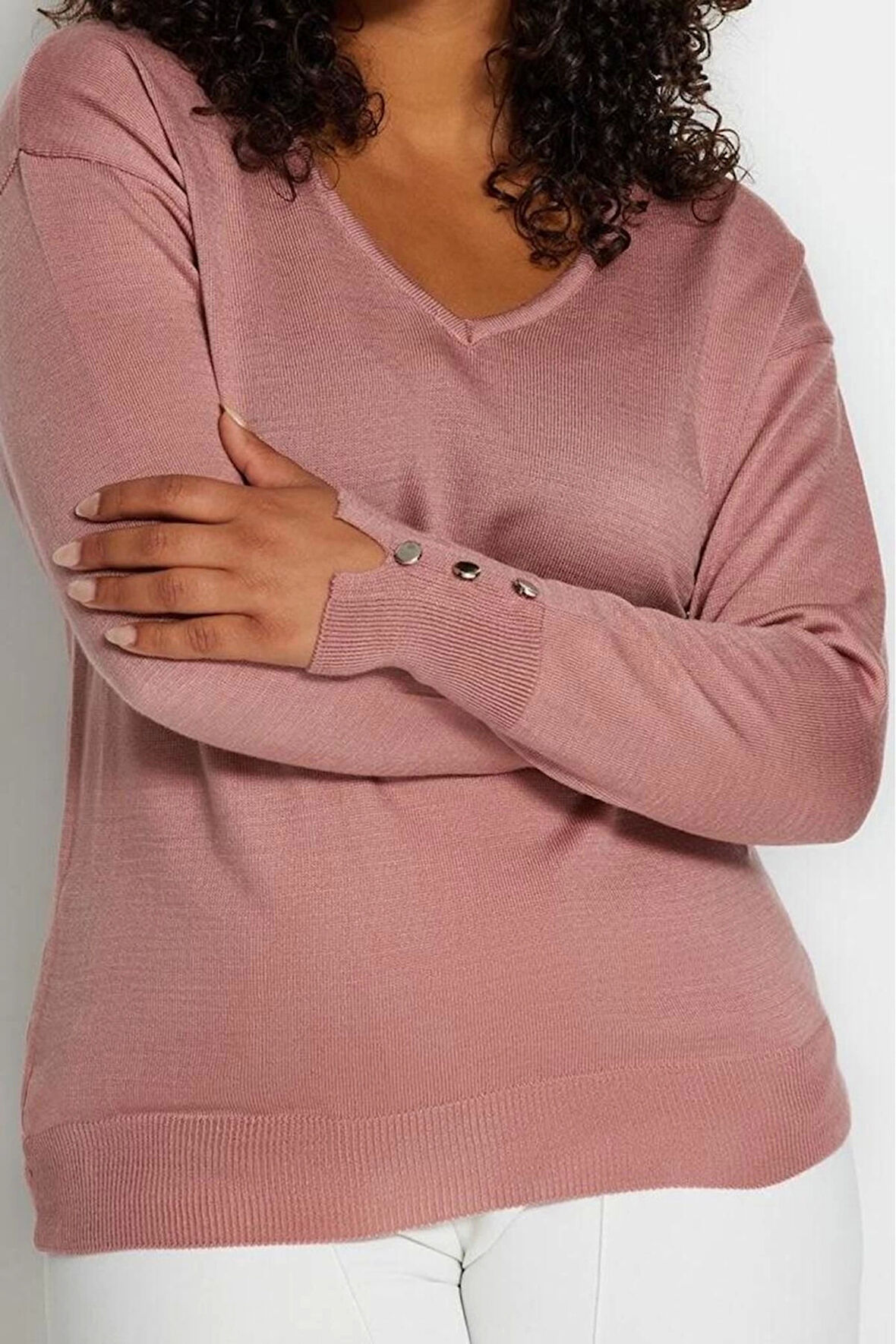 Büyük Beden Kadın Modern Tarz Rahat Uzun V Yaka Düz Kol Regular Triko Kazak