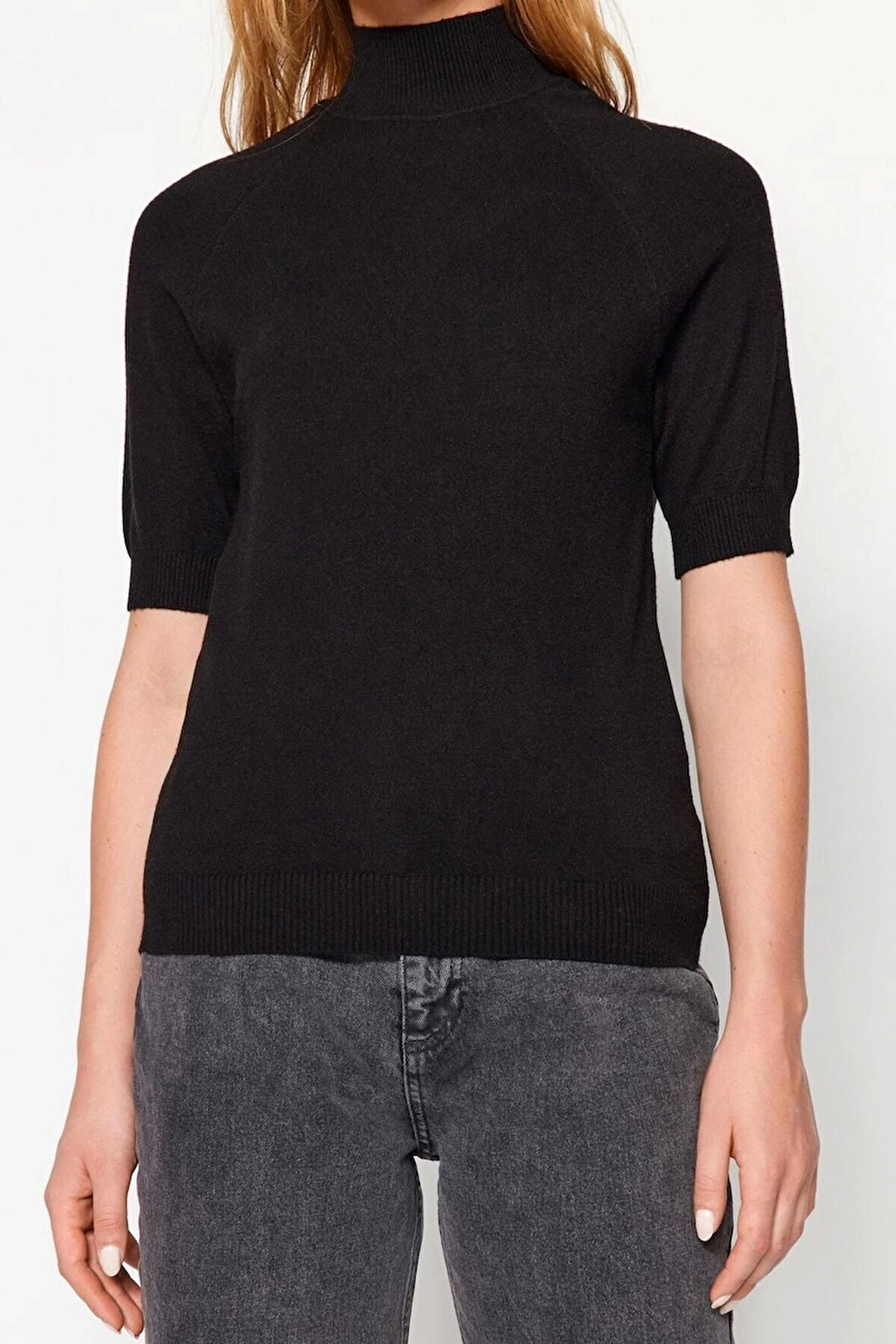 Moda Dik Yaka Triko Slim Düz Desen Casual Günlük Regular Kısa Kol Bluz
