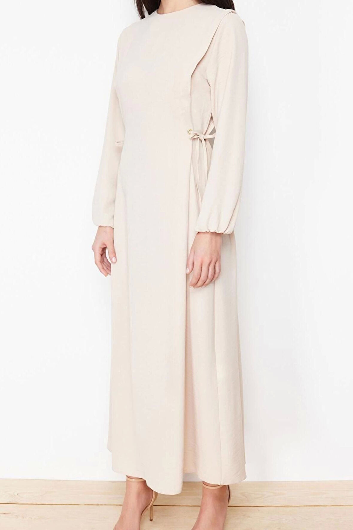 Moda Regular Casual Günlük Aerobin Dokuma Bisiklet Yaka Uzun Kol Shift Maxi Boy Tesettür Elbise