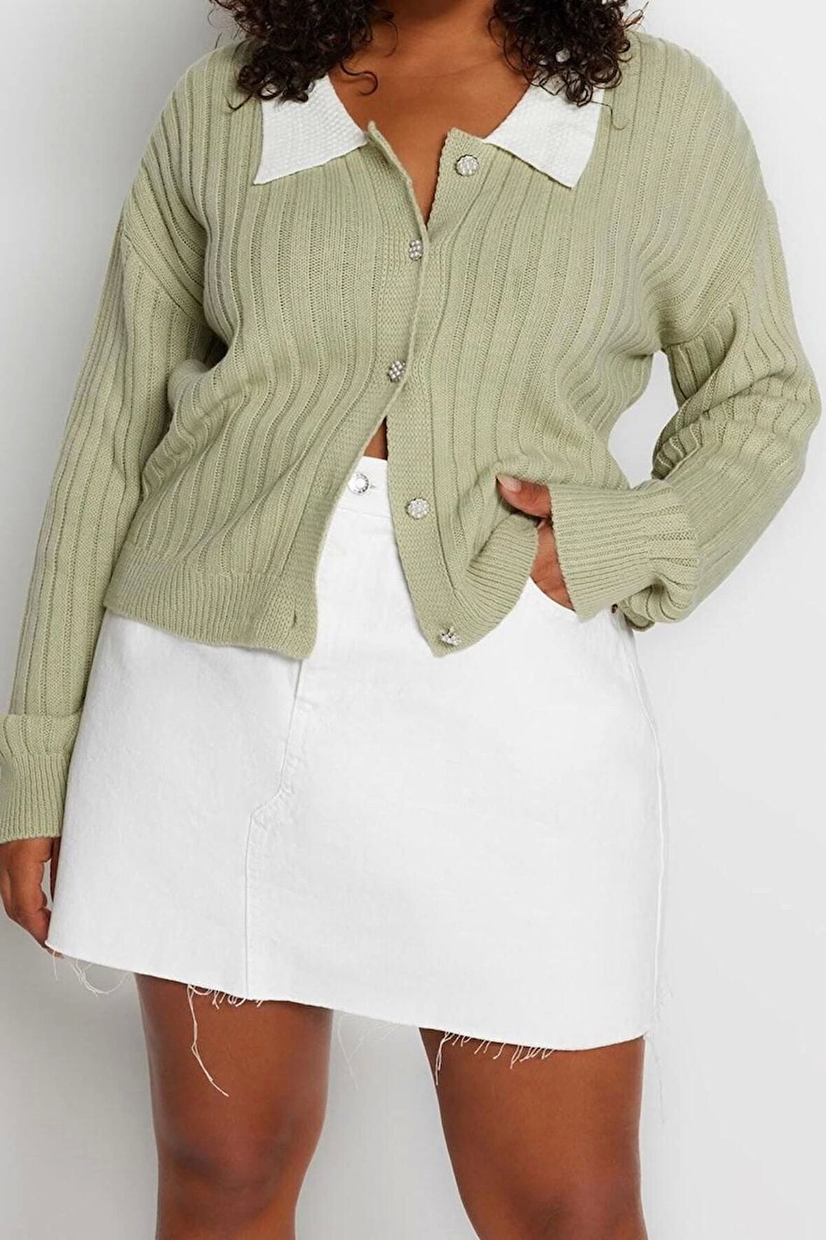 Büyük Beden Kadın Modern Tarz Rahat Uzun Gömlek Yaka Düz Kol Regular Triko Hırka