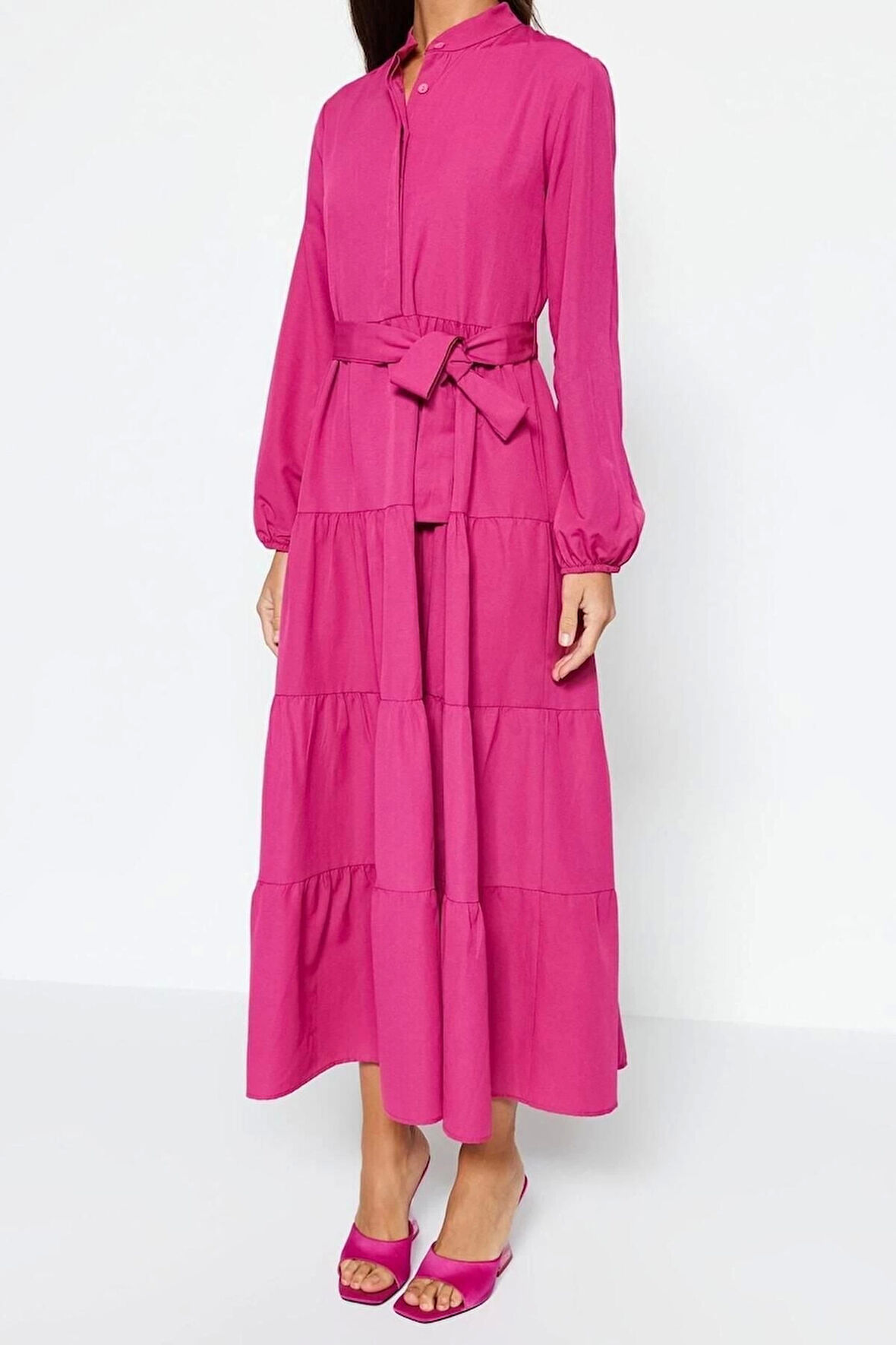 Moda Rahat Casual Günlük Terrycotton Dokuma Dik Yaka Uzun Kol Basic Maxi Boy Tesettür Elbise